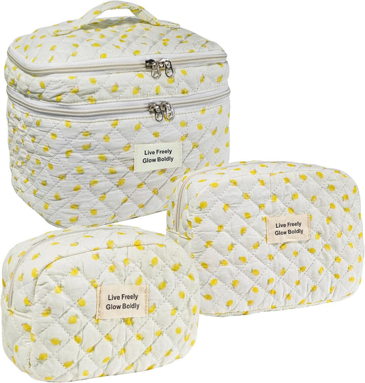 3Pcs Large Travel Quilted Makeup Bag, Double Layer Cute Floral Cotton Toiletry Bag, Aesthetic Flower Cosmetic Bag Coquette Skincare Organizer Bag for Women (78-Lemon)
