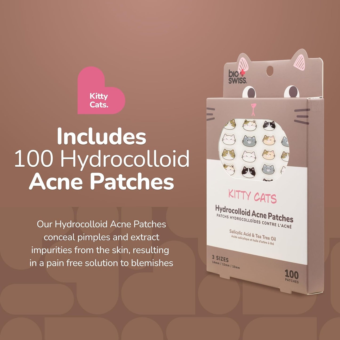 BioSwiss Pimple Patches, Kitty Cats Patch for Zits and Blemishes, Hydrocolloid Spot Stickers for Face and Skin, 100 Count