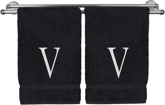 Monogrammed Hand Towel, Personalized Initial Gift, Extra Absorbent 100% Turkish Cotton - Soft Terry Finish - Set of 2 - White Block Initial V - Embroidered on Black Towels