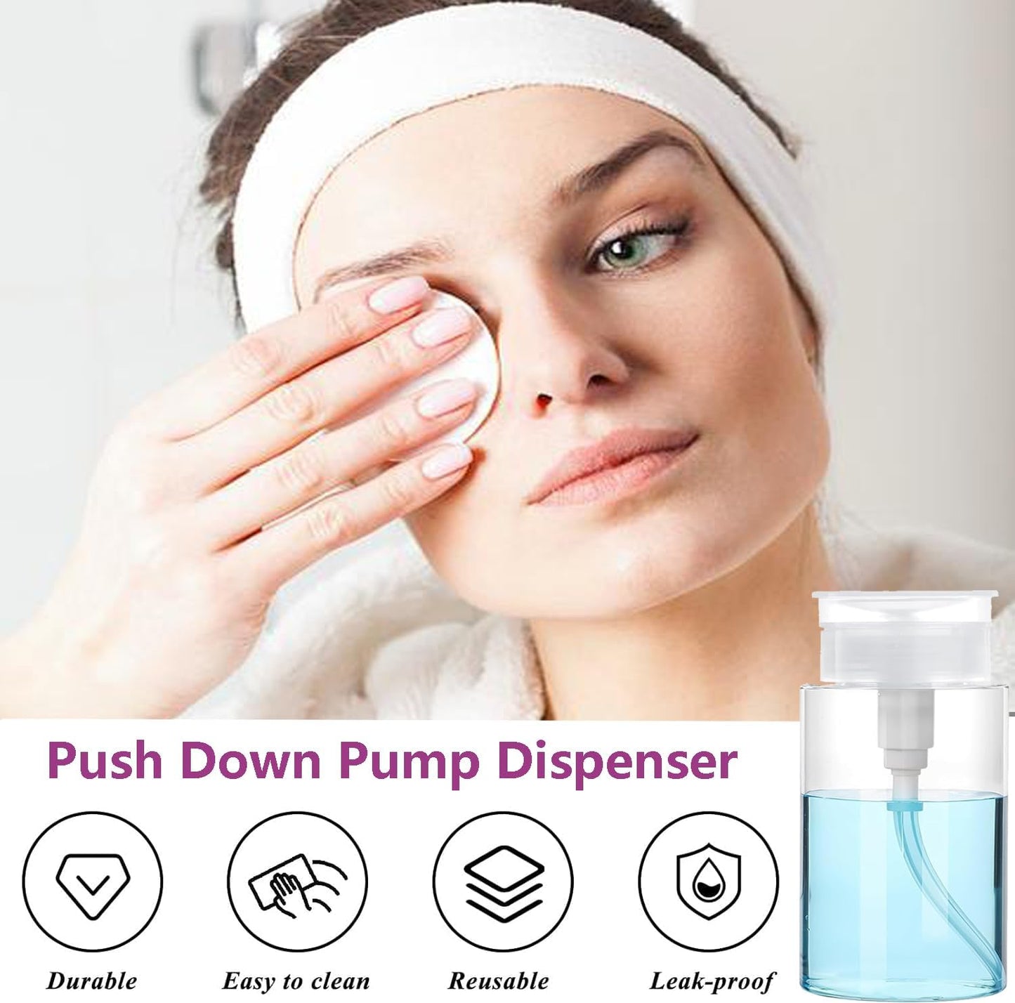 Push Down Pump Dispenser, 5.1oz Clear Pump Bottles with Alcohol, Acetone, Nail Polish Remover, Makeup Remover, Toner Stickers Empty Push Top Container for Liquid (150ml-4Pack)