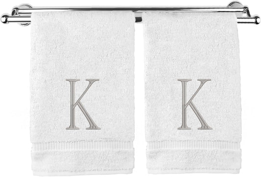 Monogrammed Hand Towel, Personalized Initial Gift, Extra Absorbent 100% Turkish Cotton - Soft Terry Finish - Set of 2 - Silver Block Initial K - Embroidered on White Towels