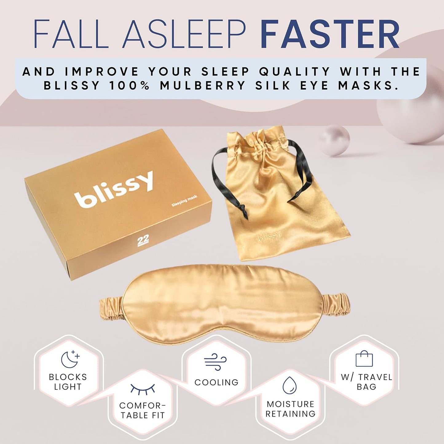 Blissy Silk Sleep Mask - Silk Eye Sleeping Mask for Women & Men for Total Blackout - 100% Pure Mulberry Silk, 22 Momme 6a Fibers - Blindfold Silk Sleep Mask Side Sleeper Eye Cover (Gold)