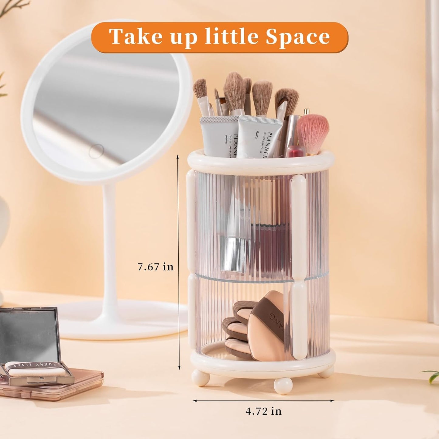 Makeup Brush Holder, 2 Tier Clear Cosmetic Tools Organizer, Round Makeup Organizer for Vanity Countertop (Milky White)