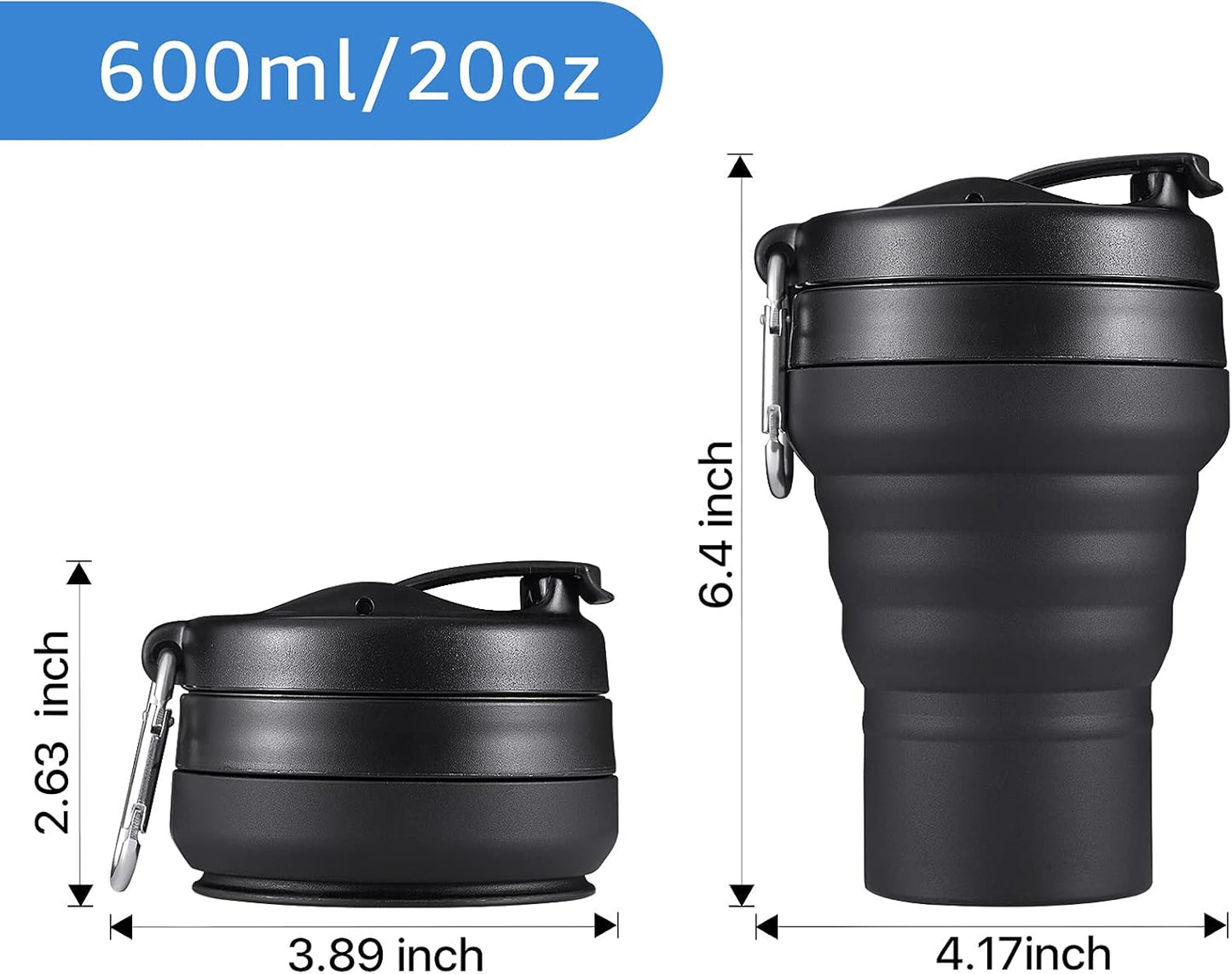 2PACK Collapsible Coffee Cup, 20 OZ 600ml Silicone Folding Camping Mug, Leak Proof BPA Free Portable Sport Bottle with Lids for hiking, Microwave & Dishwasher Safe (Black)