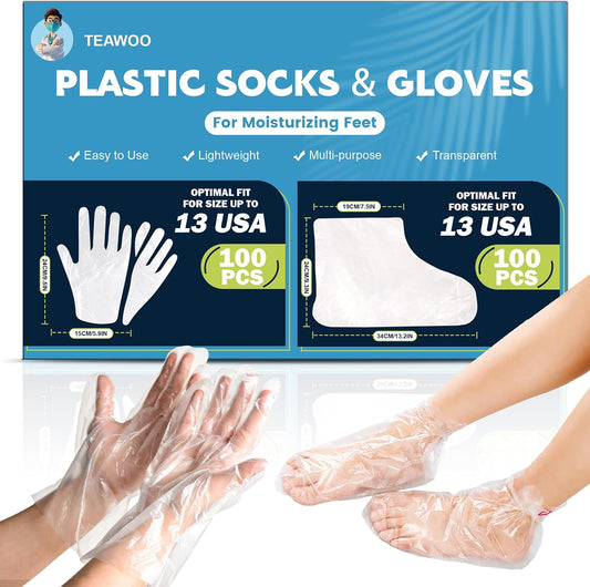 200PCS Disposable Hand & Foot Mask Set, 100P Hand Masks + 100P Foot Masks with Stickers, Leak-Proof Moisturizing Covers for Paraffin Therapy & at-Home Skin Care (Feet Fit up to US 13)