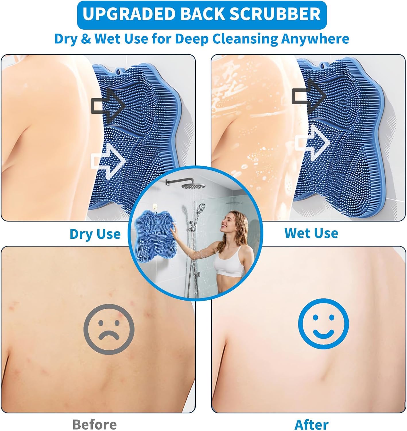 Show Foot Scrubber Mat & Silicone Back Scrubber with Butterfly Form Design,3 Brush Designs for Deep Cleaning Shower Foot Scrubber Mat, Wall Mounted Back Scrubber Silicone Bath(Blue)