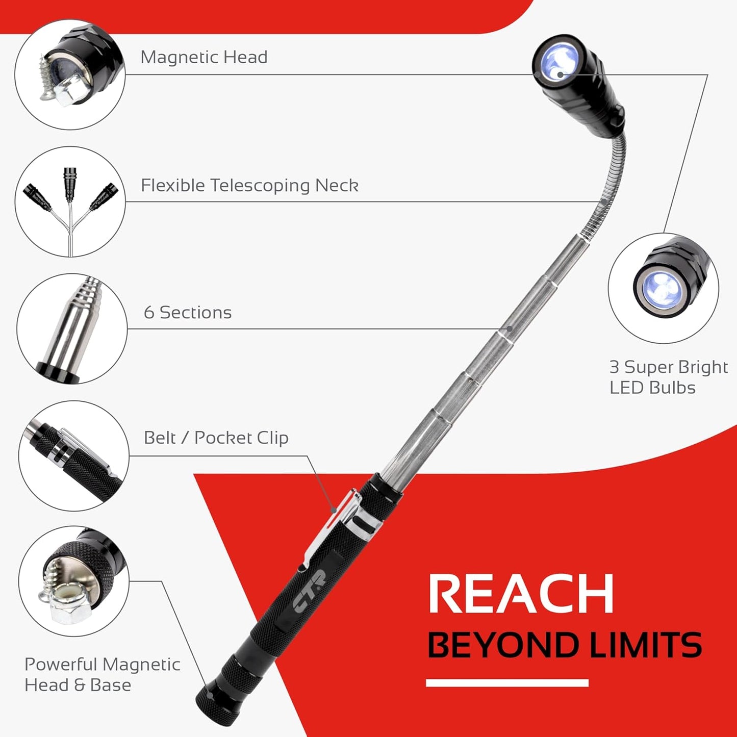 CTR 5PCS Telescoping Magnetic Pickup Tool Kit with Super Bright COB LED Square Inspection Mirror, Flexible Magnet Flashlight, Adjustable Inspection Tool with Long Handle - Best Gadgets Gifts for Men