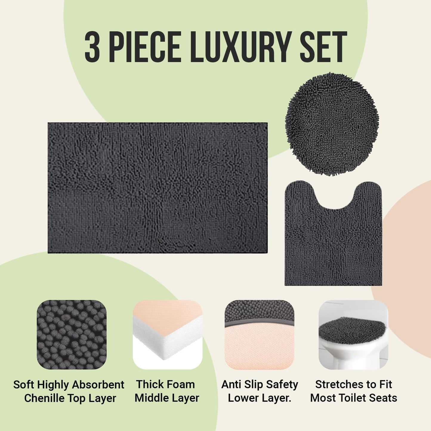 ITSOFT 3pc Non-Slip Shaggy Chenille Bathroom Mat Set, Includes 24 x 21 Inches U-Shaped Contour Toilet Rug, 34 x 21 Inches Bathmat and 1 Toilet Lid Cover, Charcoal Gray