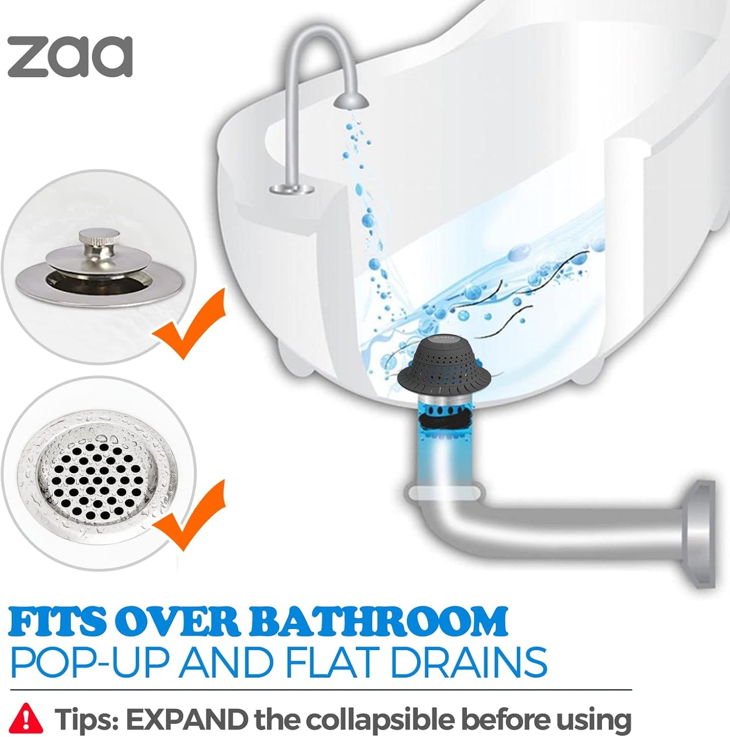 zaa Bathtub Drain Hair Catcher, Silicone Collapsible 1 Pack Drain Protector for Pop-Up and Regular Drains of Shower,Tub, Bathroom, Sink, Charcoal Black