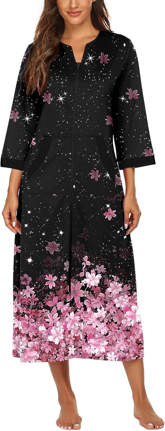 Ekouaer Women Zipper Robe 3/4 Sleeves Loungewear Dress Full Length Sleepwear Pockets Housecoat Nightgown Long Bathrobe