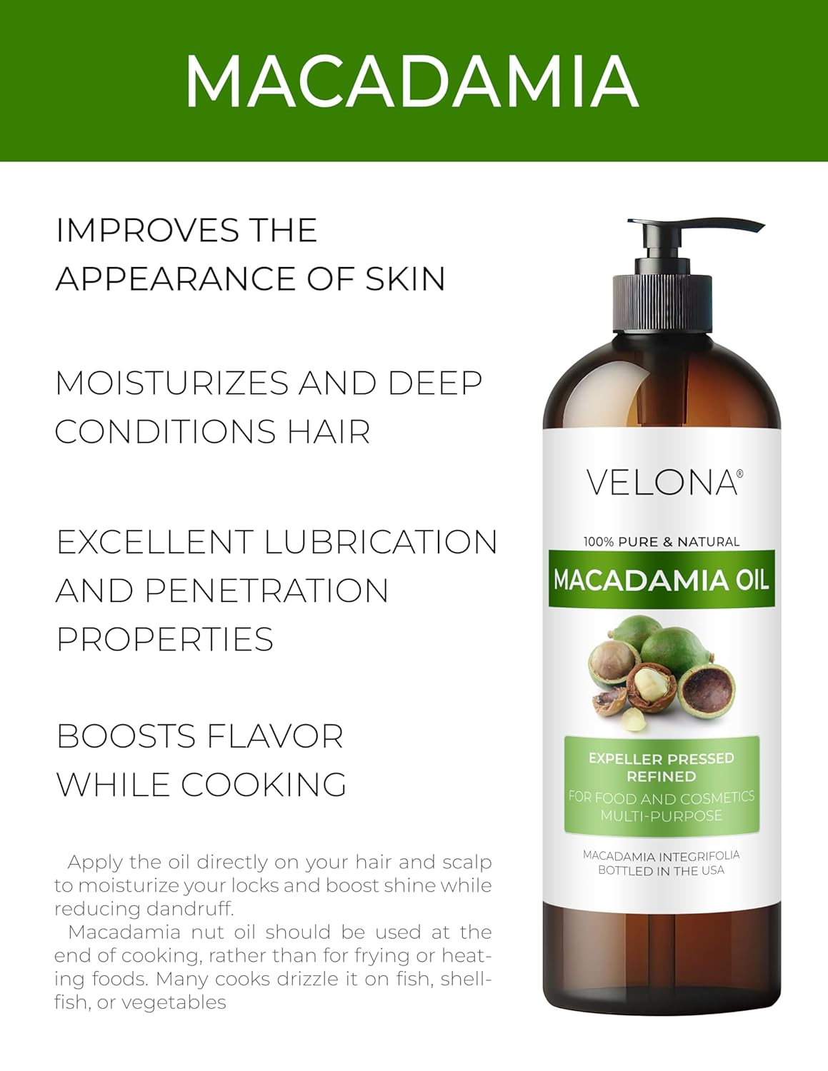 velona Macadamia Nut Oil 8 Fl Oz | 100% Pure and Natural Carrier Oil | Refined, Cold pressed | Cooking, Skin, Hair, Body & Face Moisturizing | Use Today - Enjoy Results