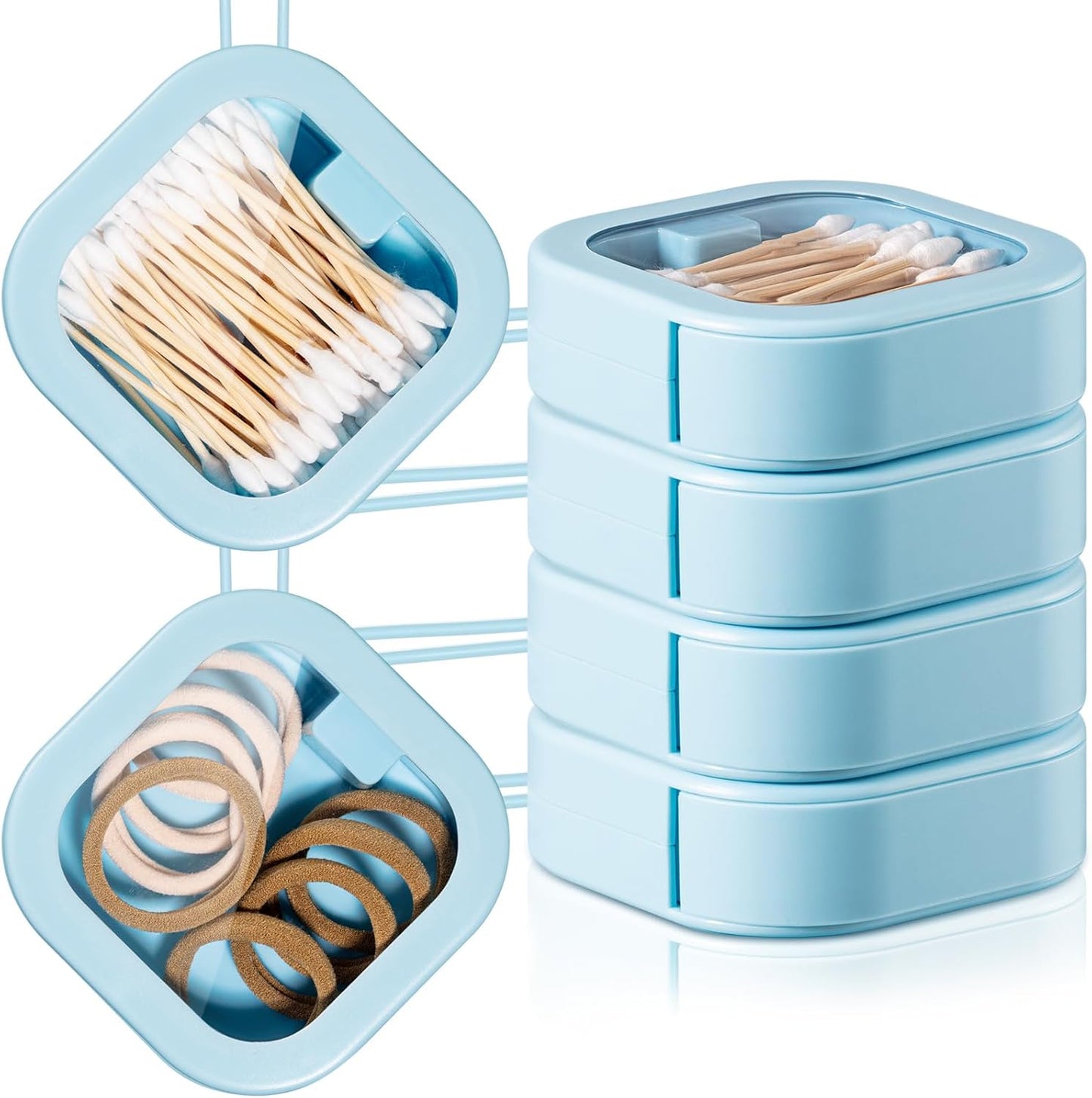 Kathfly 4 Pcs Blue Hair Tie Organizer Portable Hair Accessory Storage Containers Stackable Tie Bobby Pin Holder Home Cotton Swab Dispenser Accessories Jewelry Organizer Box