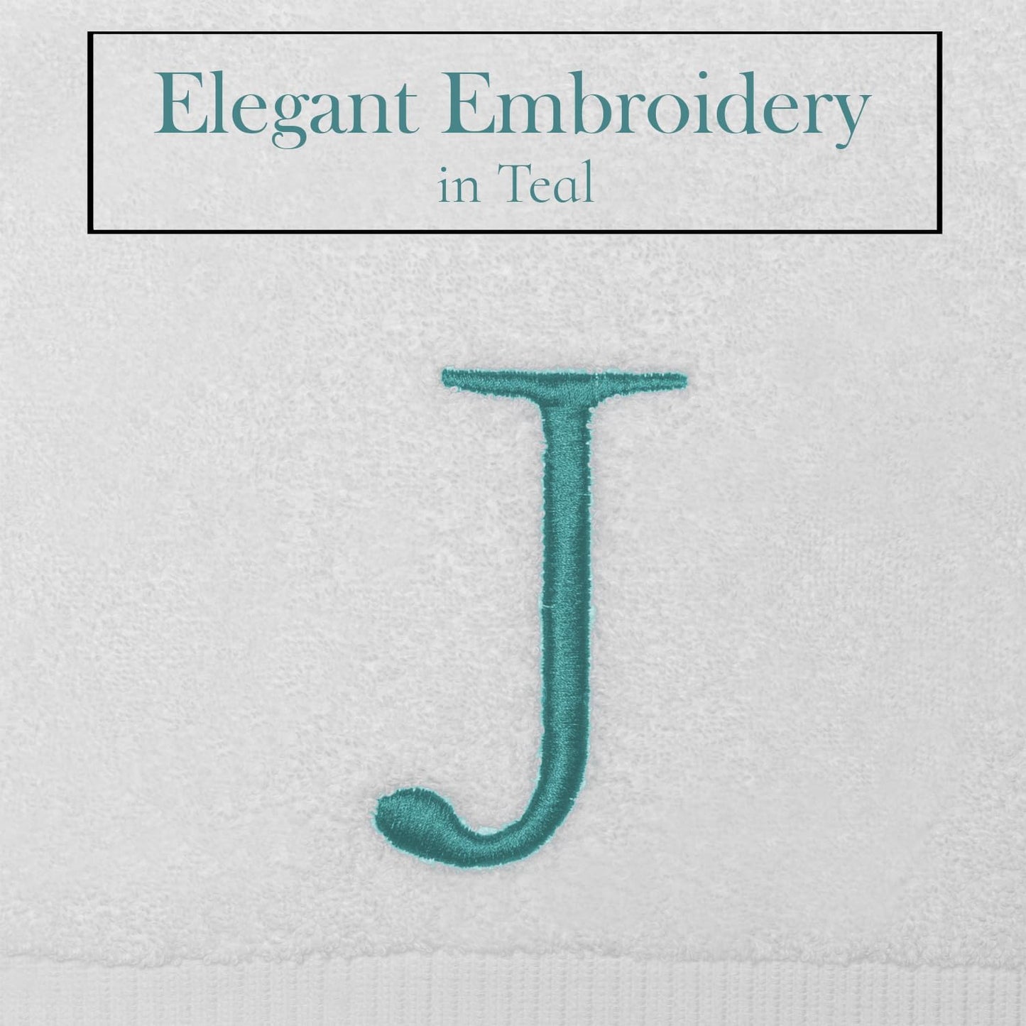 White Hand Towel for Bathroom - Monogrammed Initial Hotel Quality Decorative Embroidered Towel for Powder Room, Spa - GOTS Organic Certified - Set of 2 Teal Letter J
