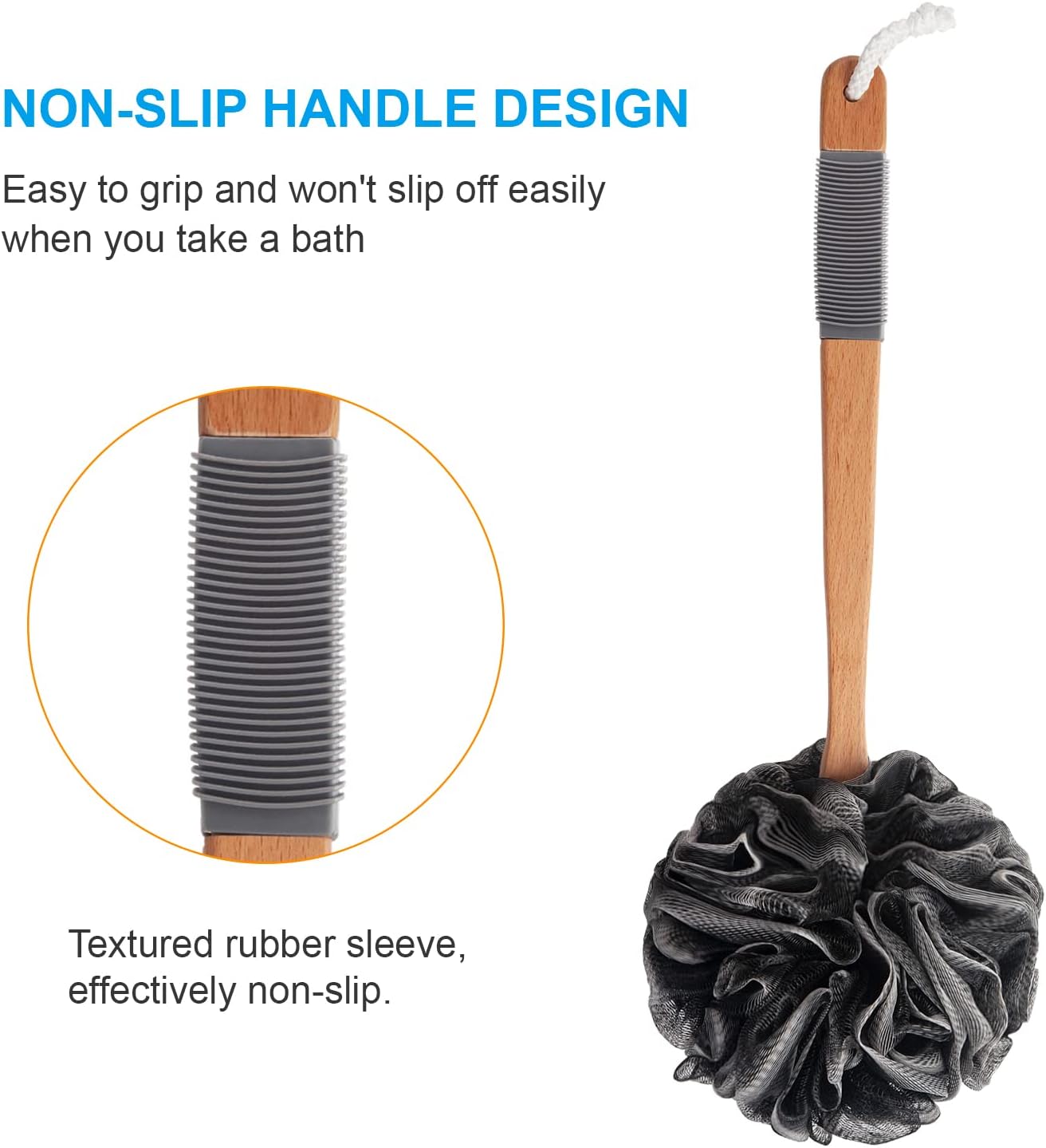 AmazerBath Shower Sponge Loofah Back Scrubber, PE Soft Mesh Loofah Body Scrubber with Long Wooden Handle, Bath Sponge for Men Women (Black)