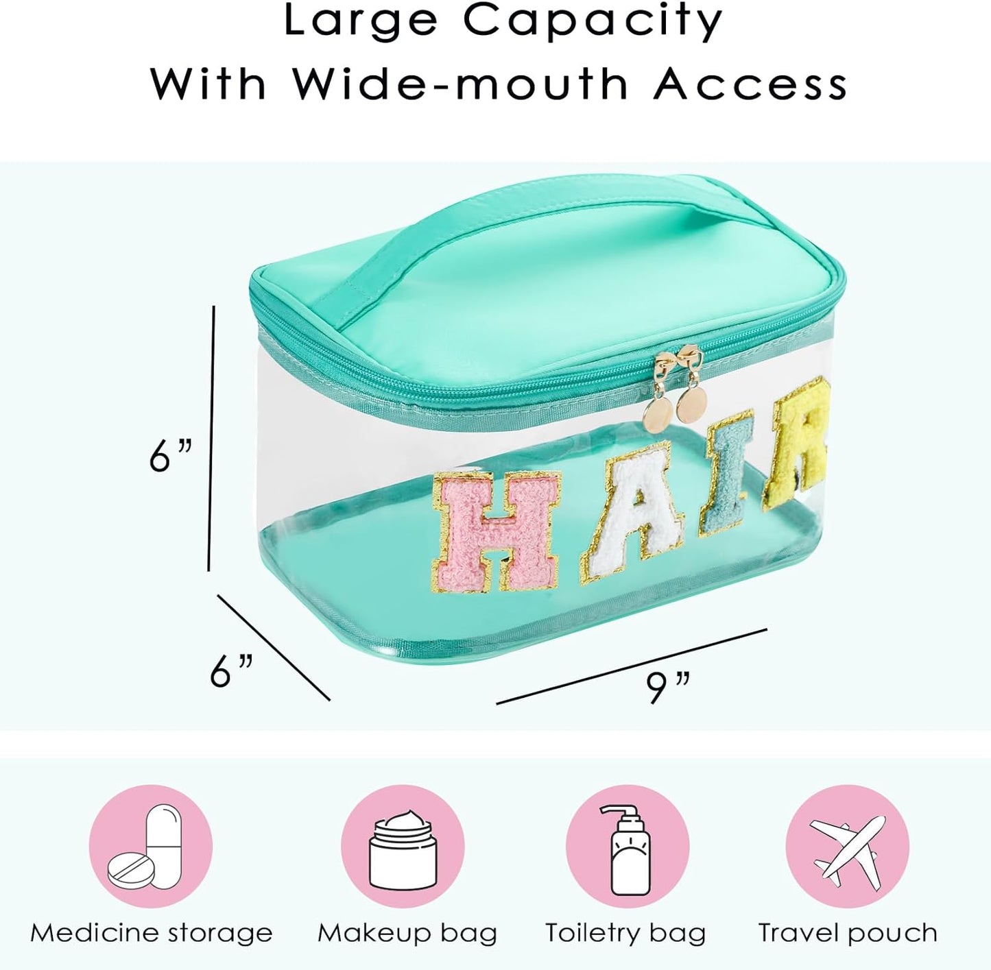 Personalized Chenille Letter Clear Hair Makeup Bag, Large Size Waterproof Nylon Cosmetic Toiletry Storage bag with Top Handle, Transparent Meds Hair Travel Organizer Cosmetic Bag(05Hair-Green)