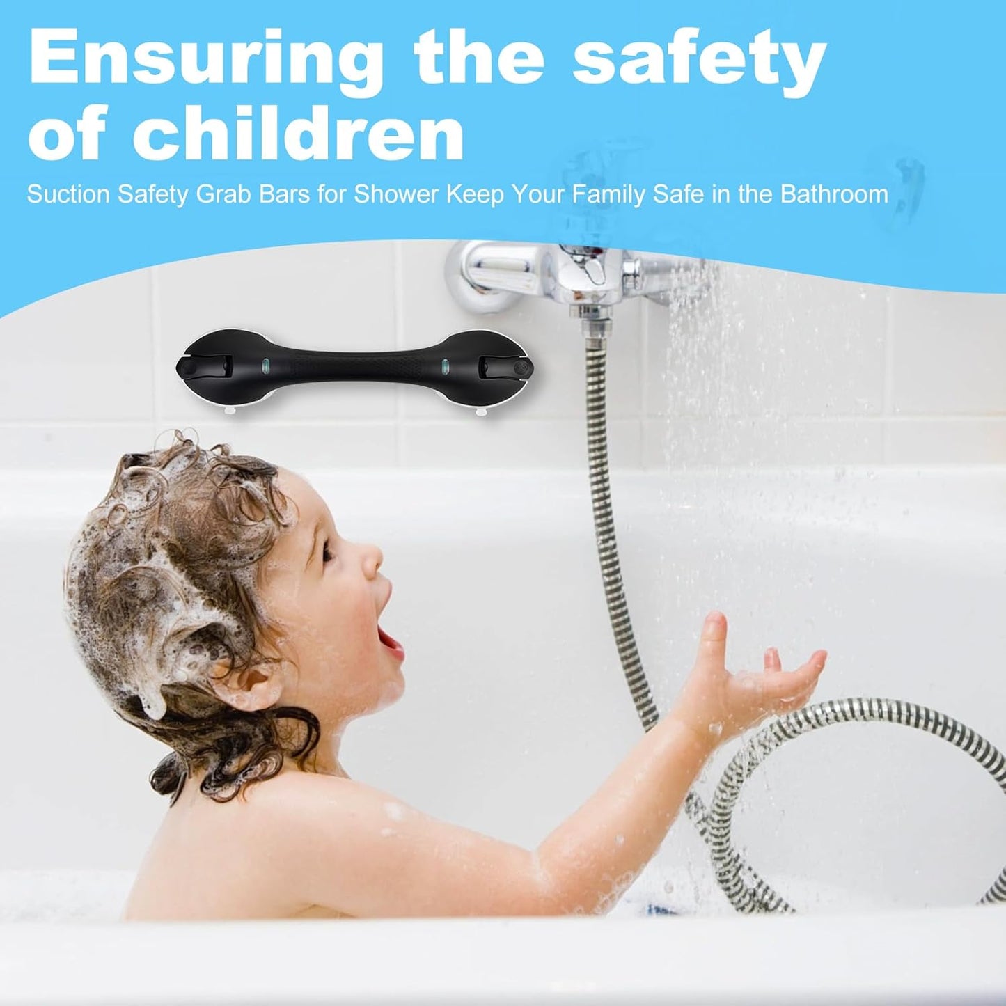 Suction Grab Bars for Bathtubs and Showers, Heavy Duty Shower Handle Removable Shower Handrails for Kids, Bathroom Safety Grip Waterproof(Black)