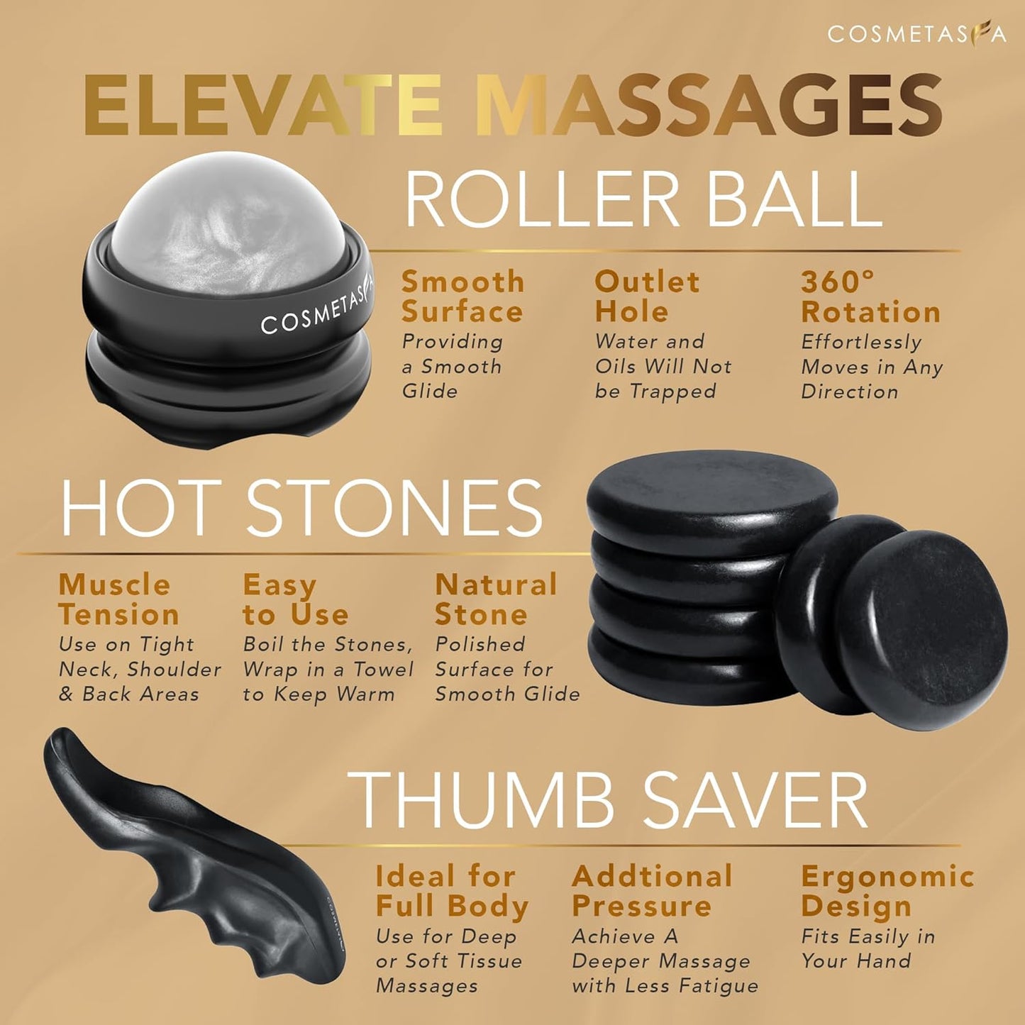 Cosmetasa Massage Oil Spa Gift Set for Women – Relaxing Lavender, Warming Arnica & Nourishing Citrus & Coconut Oils – Includes Roller Ball, Thumb Saver & Hot Stones – Self Care Kit & Body Massage Oils