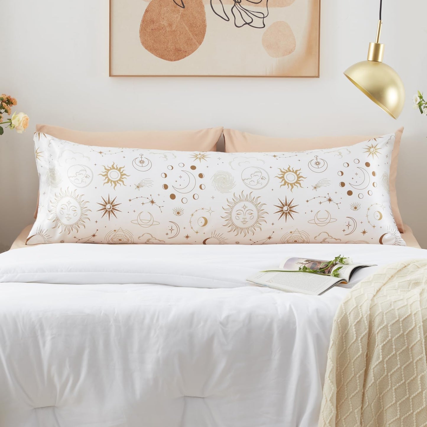 EXQ Home Satin Body Pillow Pillowcase Super Soft Silk Pillowcase, Body Pillow Cover with Envelope Closure White Moon (20"x54")