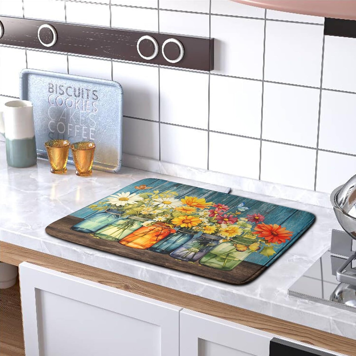 Daisy Dish Drying Mat for Kitchen Counter 18x24 Inch Rustic Vintage Flower Vases Drying Mats Microfiber Absorbent Dishes Drainer Mats Farmhouse Floral Wooden Board Dish Rack Pad