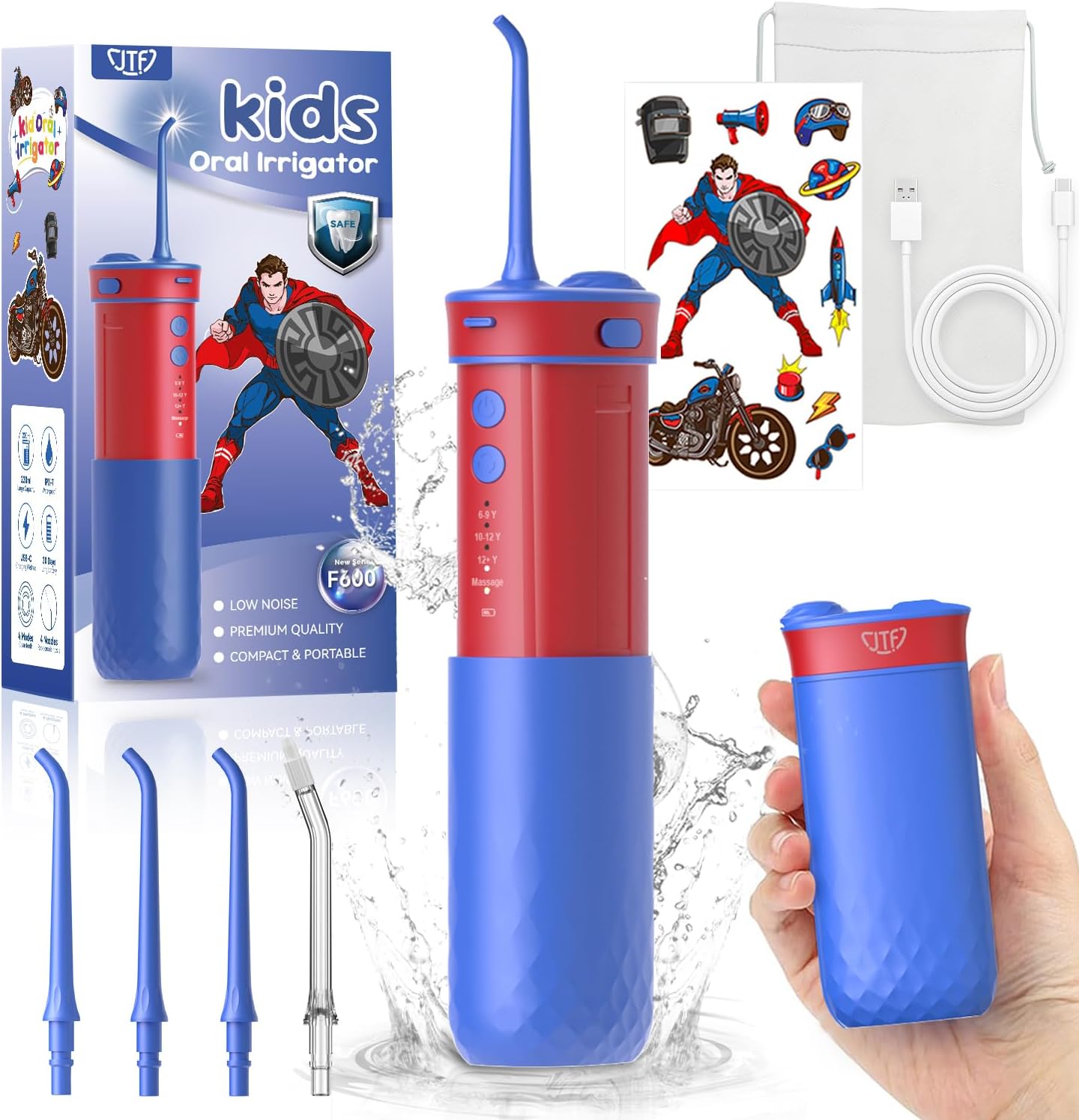 JTF Kids Water Dental Flosser: Rechargeable Portable Oral Irrigator with 4 Flossing Modes 230ml Tank 4 Tips Travel Bag Waterproof Stickers, Cordless Electric Flossers for Teeth Gum Braces Care, Age 6+