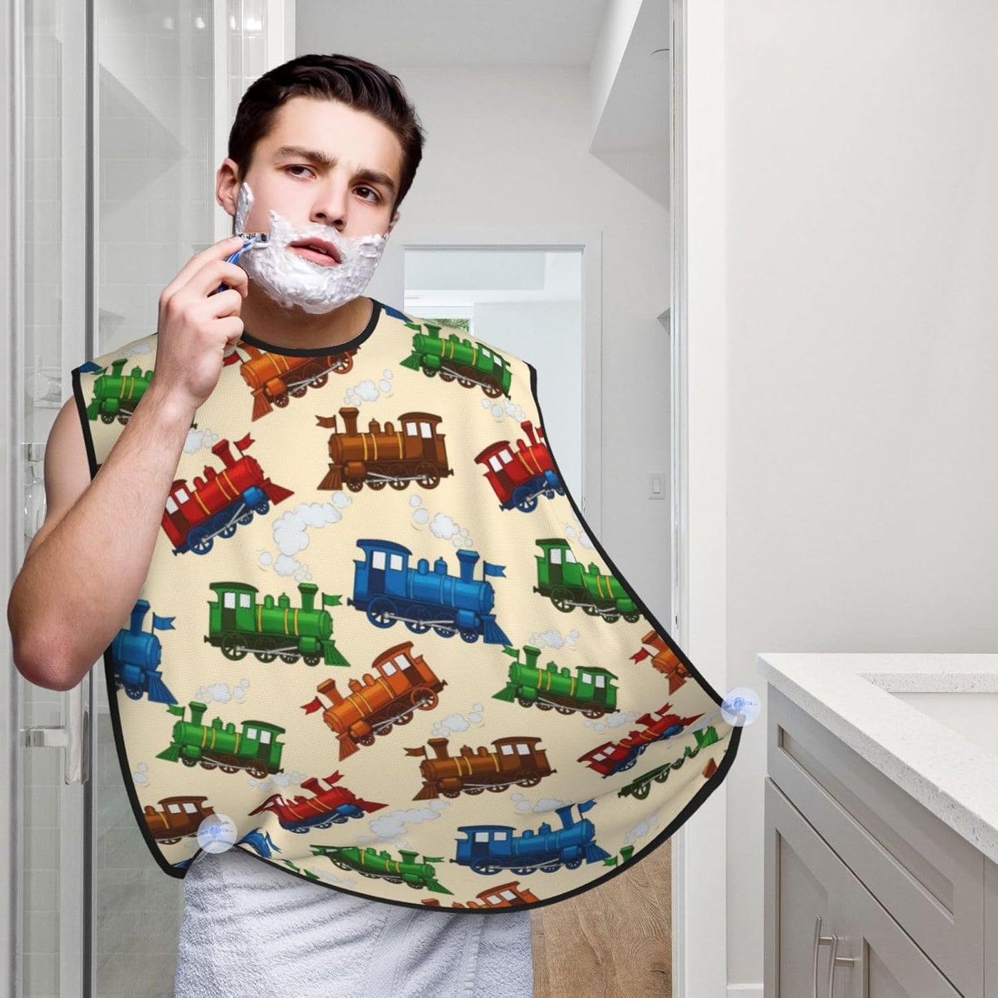 Beard Bib Apron for Men Shaving, Waterproof Non-Stick Hair Catcher with Suction Cups, Grooming Essential for Dad Husband, Cartoon Style Retro Steam Trains Shave Bib