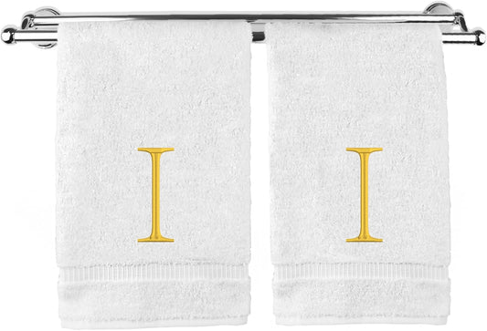 Monogrammed Hand Towel, Personalized Initial Gift, Extra Absorbent 100% Turkish Cotton - Soft Terry Finish - Set of 2 - Gold Block Initial I - Embroidered on White Towels