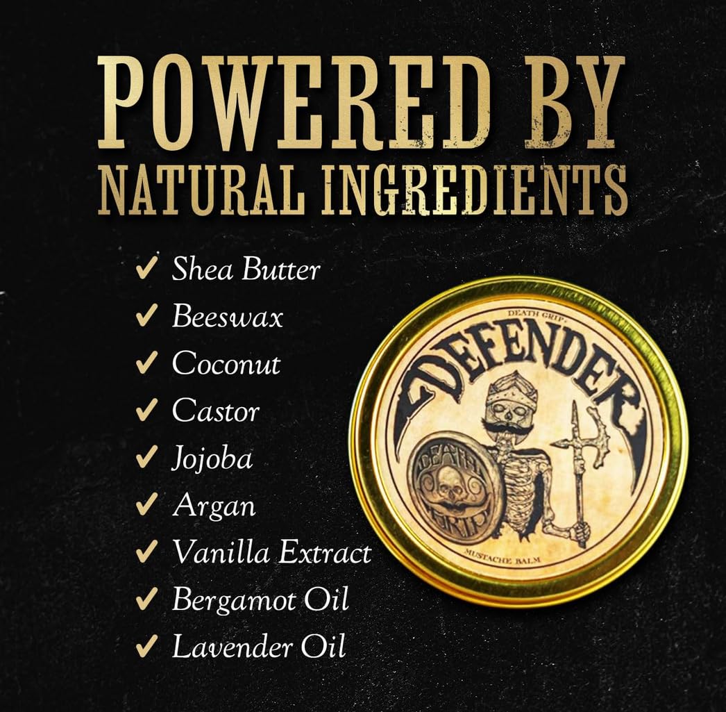 Mustache Balm Grooming Kit for Men | Light to Medium Hold Beard Wax 1oz | Natural Hair & Moustache Care Kit with Styling & Conditioning | Defender Balm By Death Grip