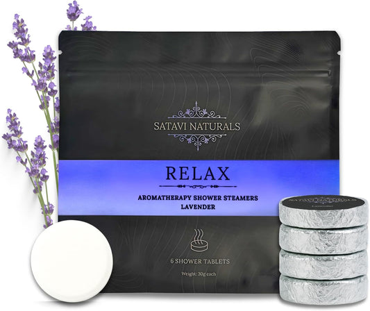 Aromatherapy Shower Steamers (6-Pack) Relax - Lavender Scented Vapor Tabs for Self-Care, Aromatic Shower Bath Bombs, Natural Essential Oils for Women & Men