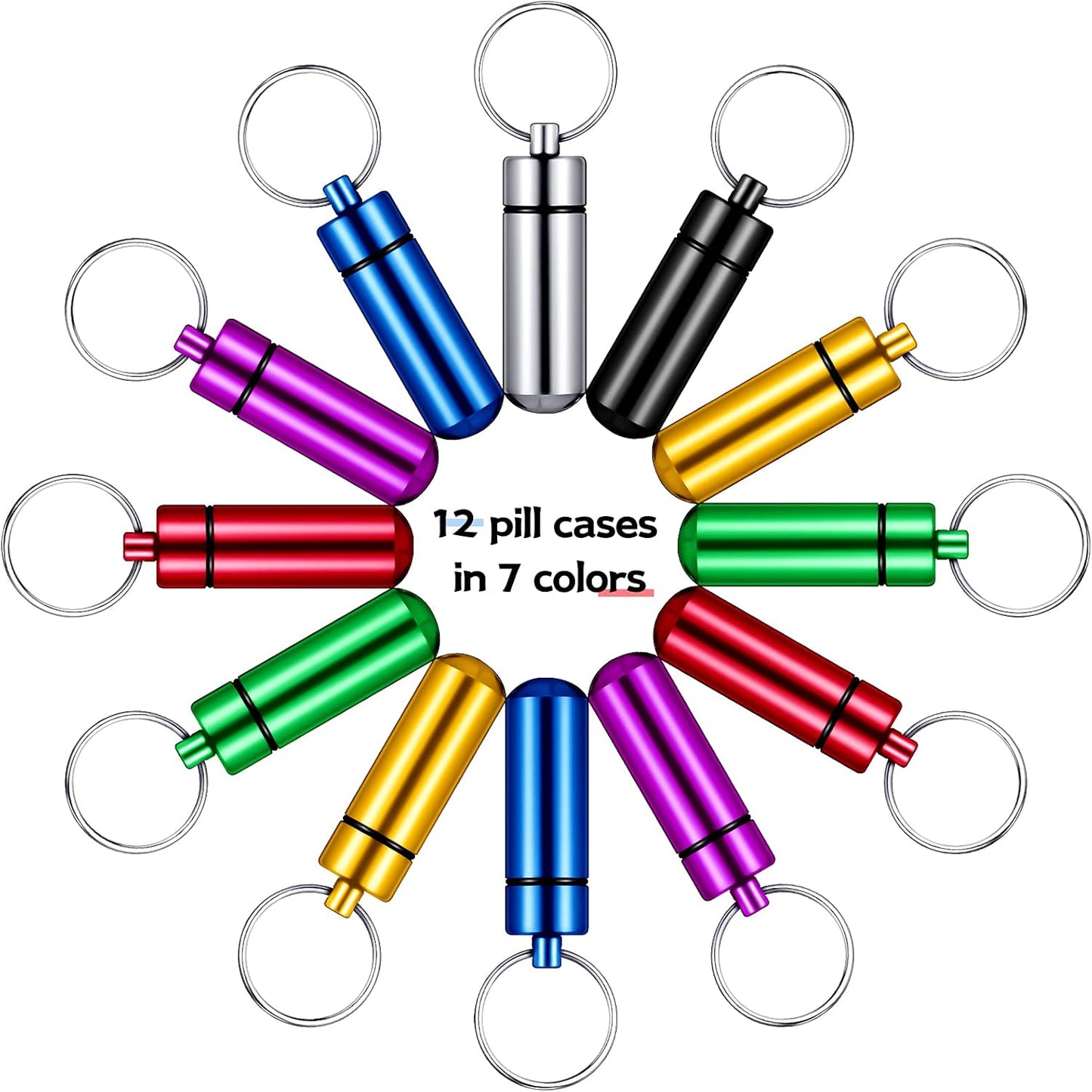 Patelai 12 Pcs Portable Keychain Pill Holder Mini Pocket Pill Case for Men Women Aluminum Geocache Containers Waterproof Metal Medicine Bottle Organizer for Outdoor Camping Travel(Colorful)