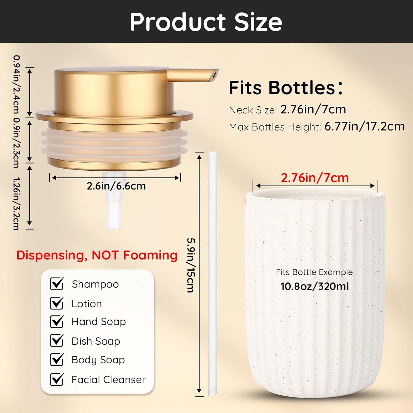 Segbeauty 2pcs Gold Soap Dispenser Pump Replacement, Pump Head for Hand Soap Dispenser, Jar Lid Replacement for Bathroom Ceramic Shampoo and Conditioner Bottle, Pumps Head for Creams Conditioner