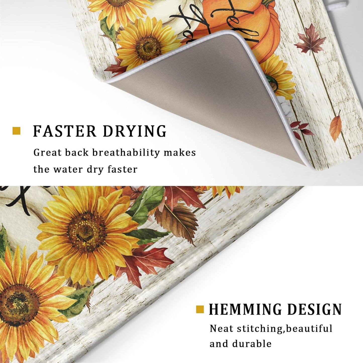 Hello Fall Dish Drying Mat Autumn Pumpkin Dish Drainer Rack Mats 18"x24" Fast Dry Microfiber Dish Drying Pad for Kitchen Countertop Table