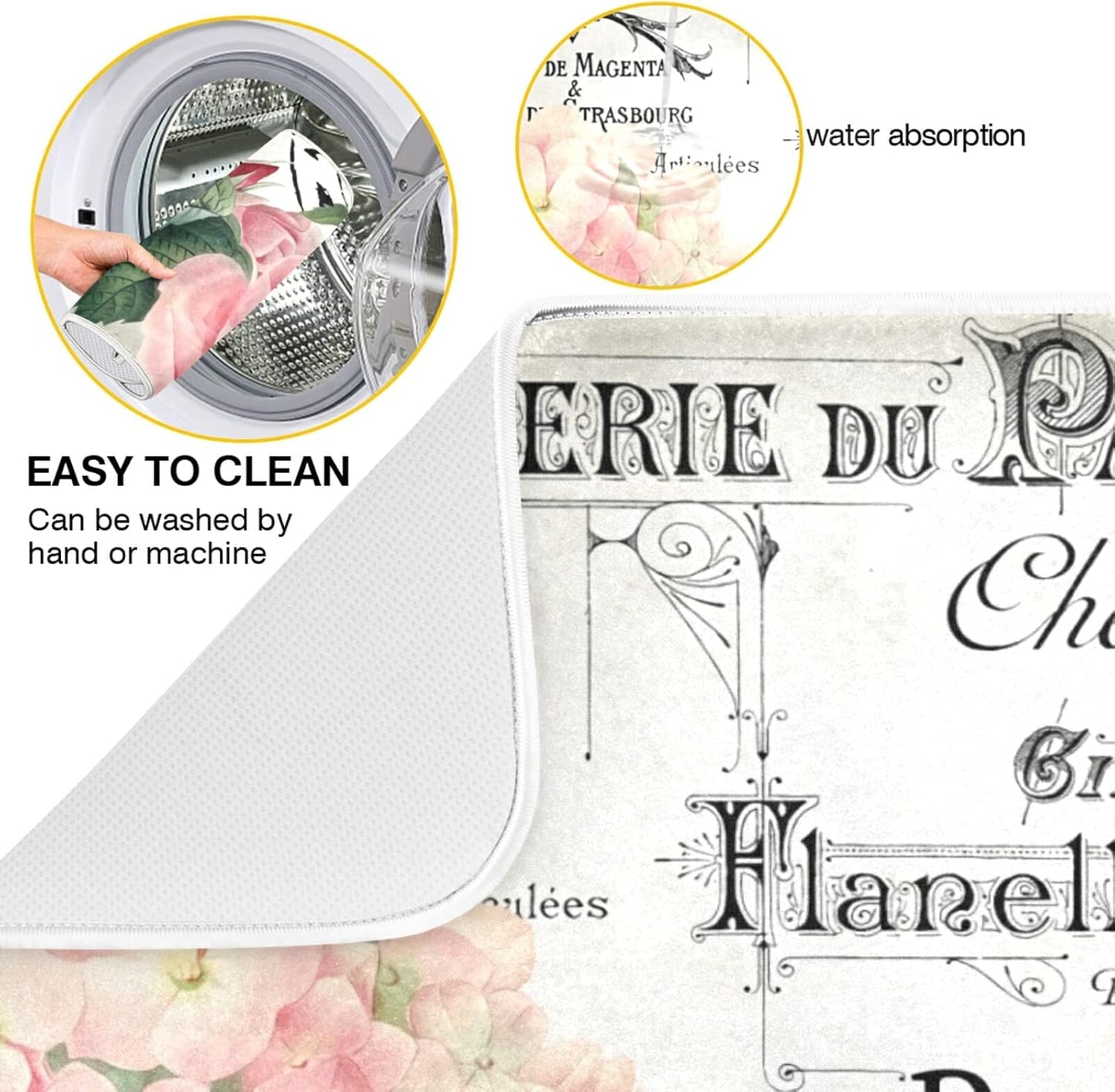 Vintage Pink Rose Flower Dish Drying Mats for Kitchen 18x24 inch Drying Mat Absorbent Microfiber Dish Mat Drainer Rack Mats Fast Dry for Kitchen Counter