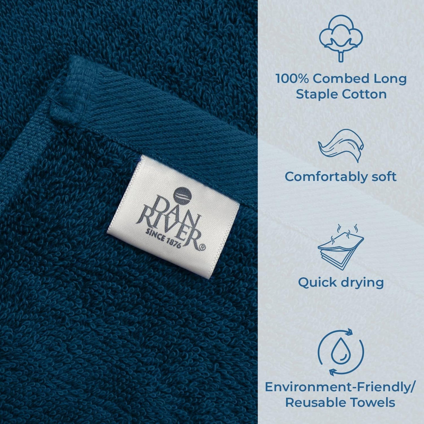 DAN RIVER Bath Towels Set of 4, 27 x 54 Inches, 100% Cotton, Larger & Lighter Weight, Quicker to Dry, Super Soft and Absorbent, Ideal Opal Blue Bath Towel for Daily Use