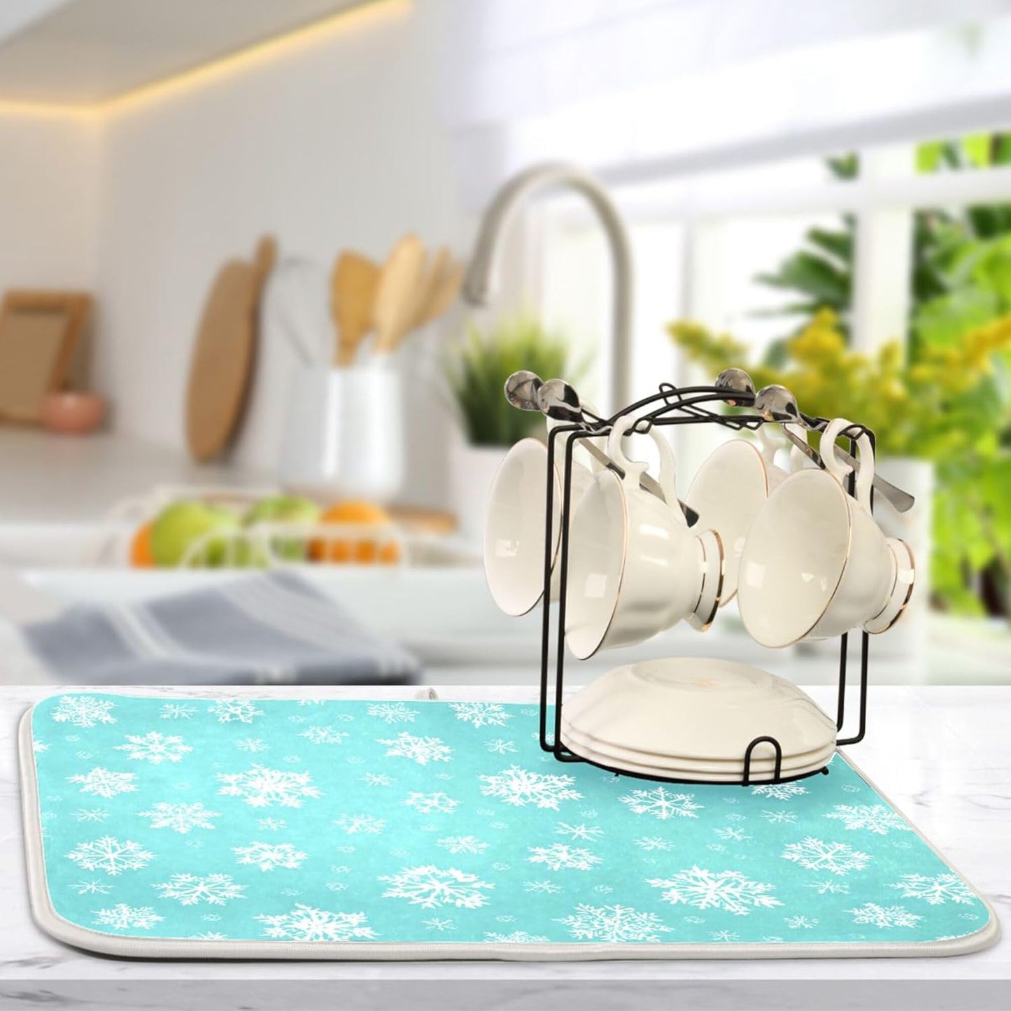 Winter Snowflake Turquoise Dish Drying Mat for Kitchen Countertop 18x24 Christmas Snow Aqua Xmas Large Drying Mat Reusable Quick Dry Dish Sink Mats Easy Clean Decorative Essentials