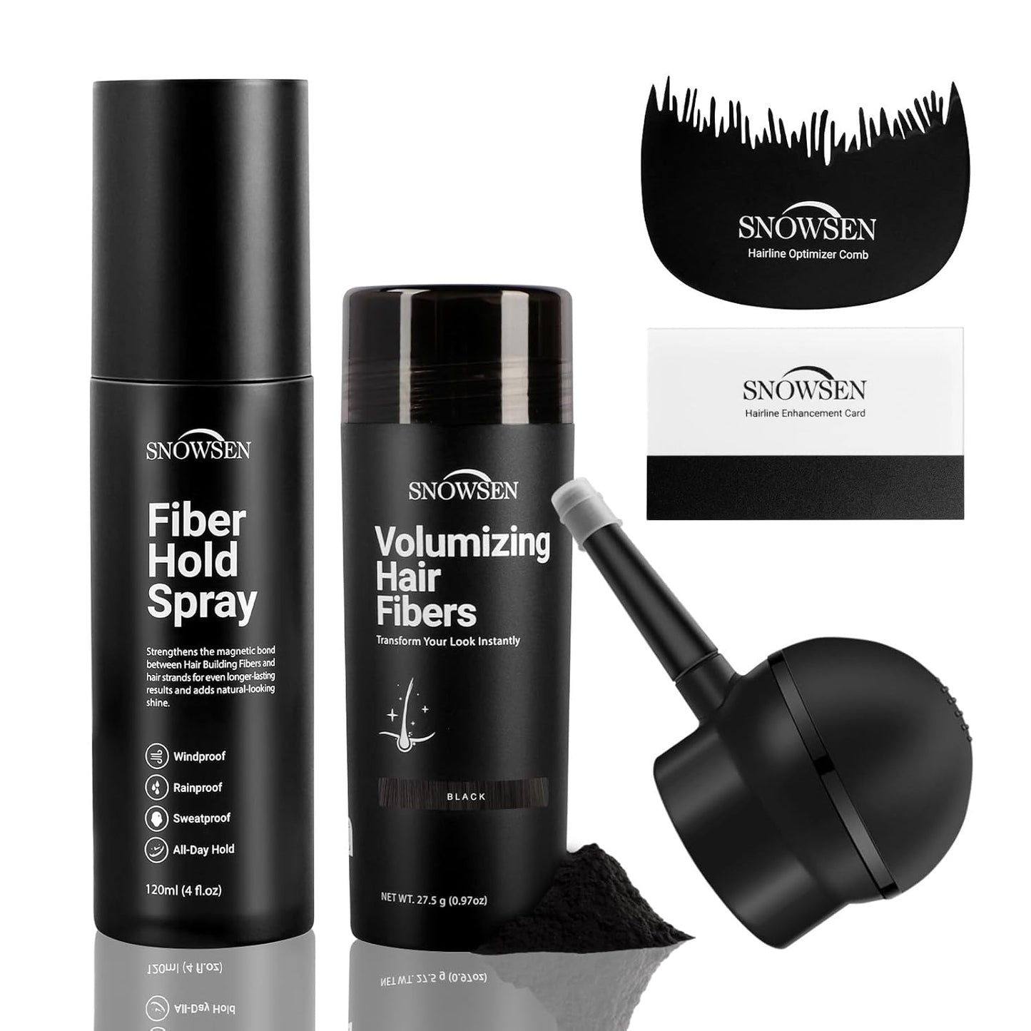 Hair Building Fibers for Thinning Hair, Black, 27.5g, Professional 5-in-1 Hair & Beard Styling Set with Applicator Pump, Hair Fibers Barber Enhancement Spray for Men & Women