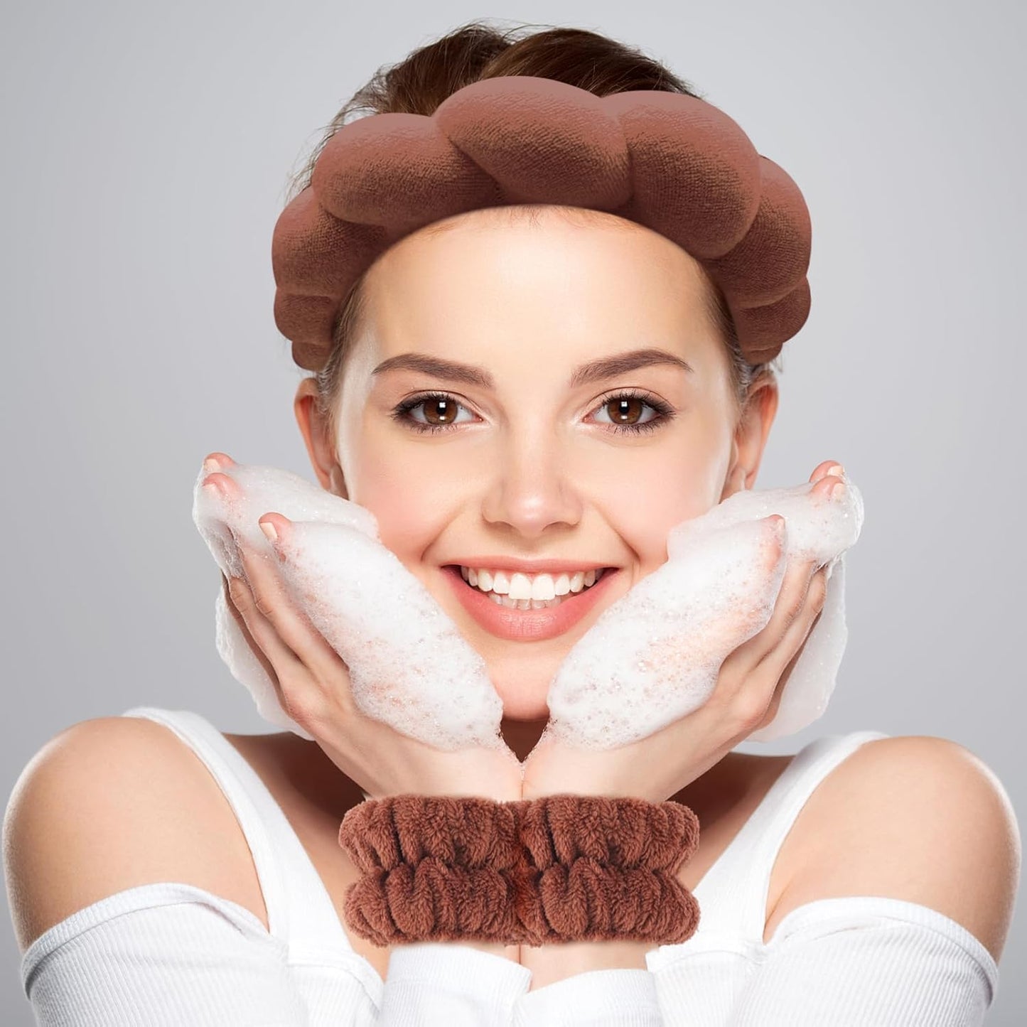 Zkptops Spa Headband for Washing Face Wristband Set Sponge Makeup Skincare Terry Cloth Bubble Soft Get Ready Hairband for Women Girl Puffy Padded Headwear Non Slip Thick Hair Accessory(Dark Brown)