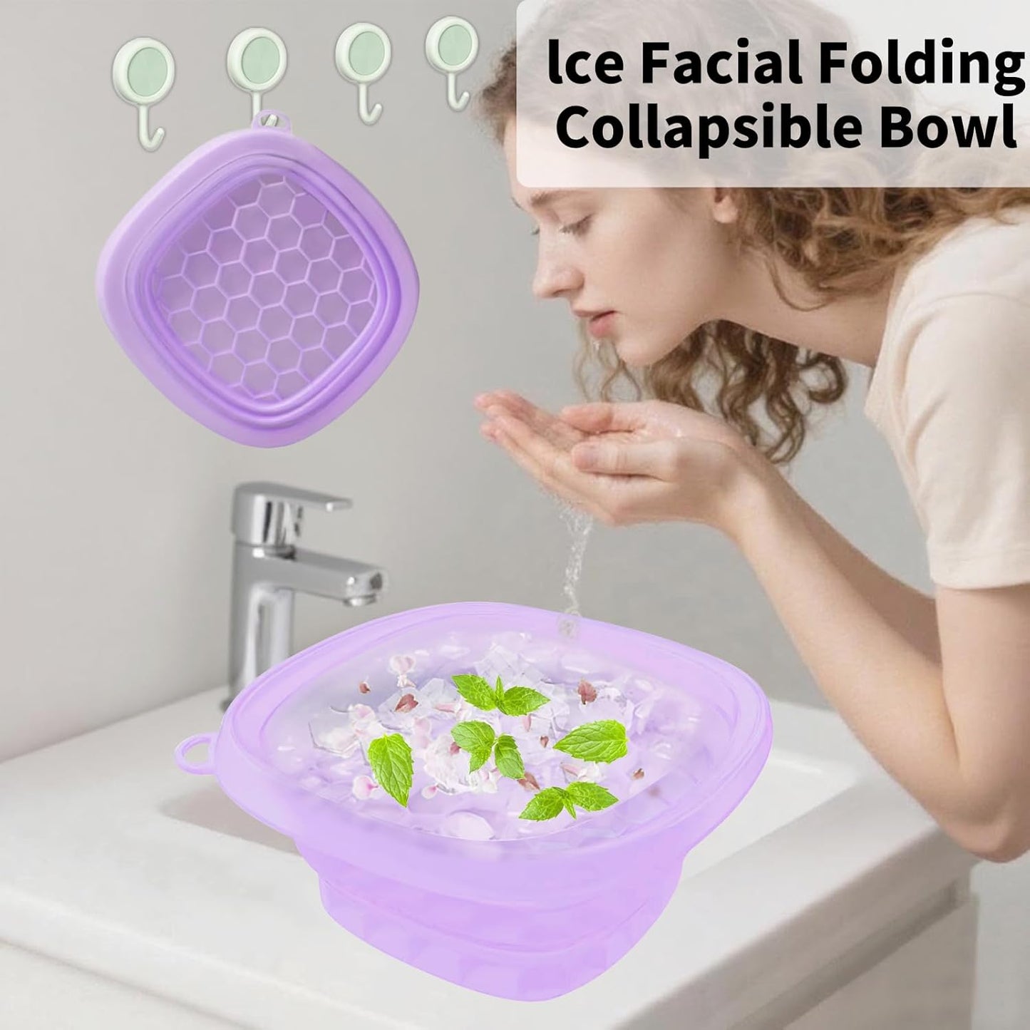 Face Bowl for Ice with Built-in IceTray,Collapsible Silicone Face Ice Bowl – Cold Plunge Therapy for Skin Tightening & Facial Treatment– Portable Spa Tool for Home & Travel（Purple)