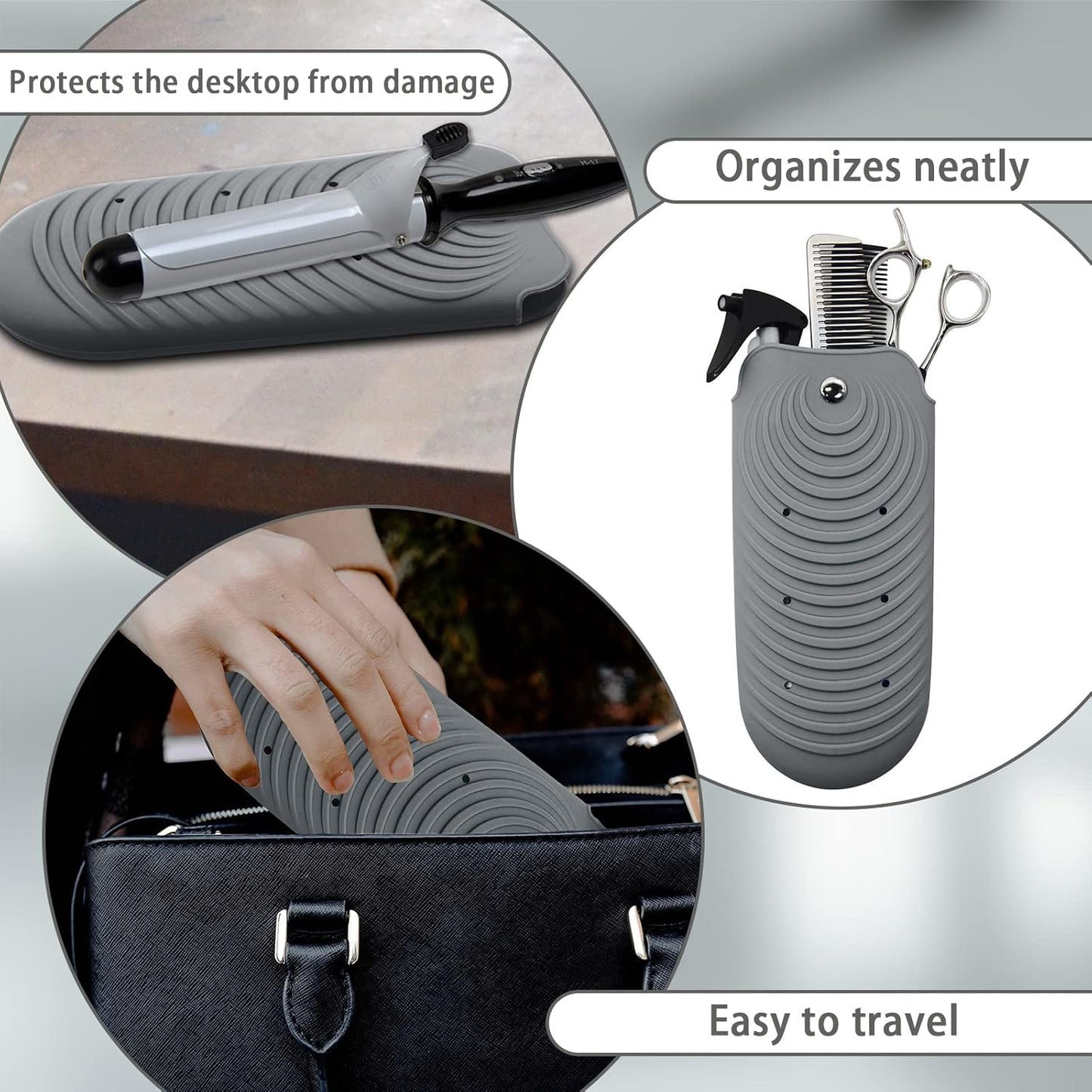Heat Resistant Silicone Mat Pouch for Hair Styling Tools, Curling and Flat Irons Non-Slip Travel Cover, Small Portable Straightener Pad for Curler Wands Storage, Hot Waver (Dark Gray)