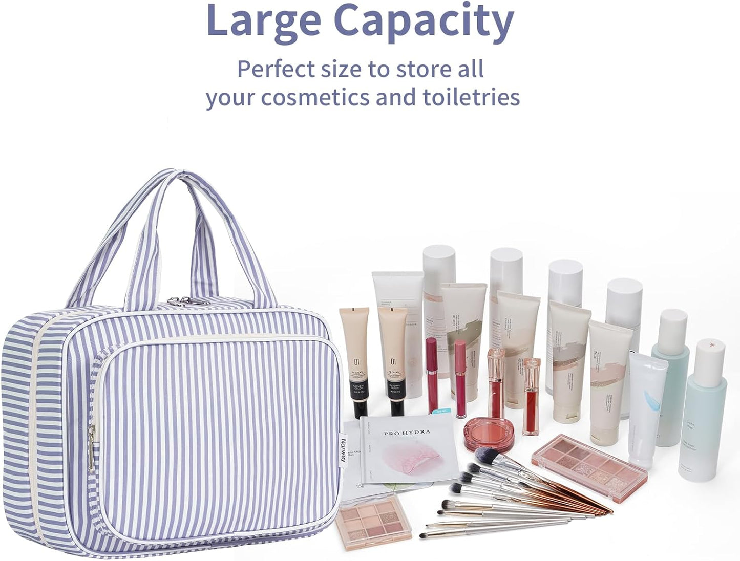 Narwey Striped Travel Toiletry Bag for Women Large Hanging Makeup Bag Organizer Toiletries Bag for Full Size Essentials Accessories Cosmetics (Greyish Blue Stripe (Large))