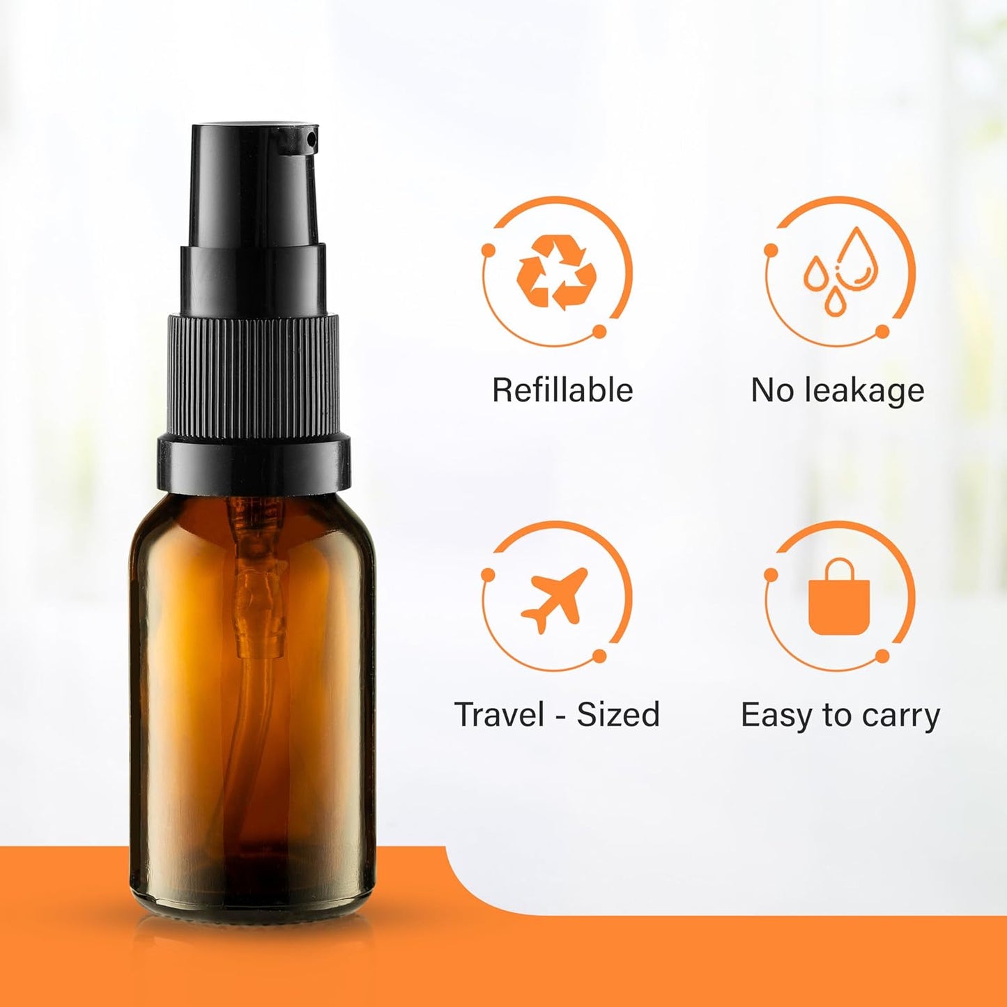 12 Pack Empty Refillable Glass Amber Pump Bottle Ideal for Lotion Cream Essential Oil Travel Small Container, 15ml