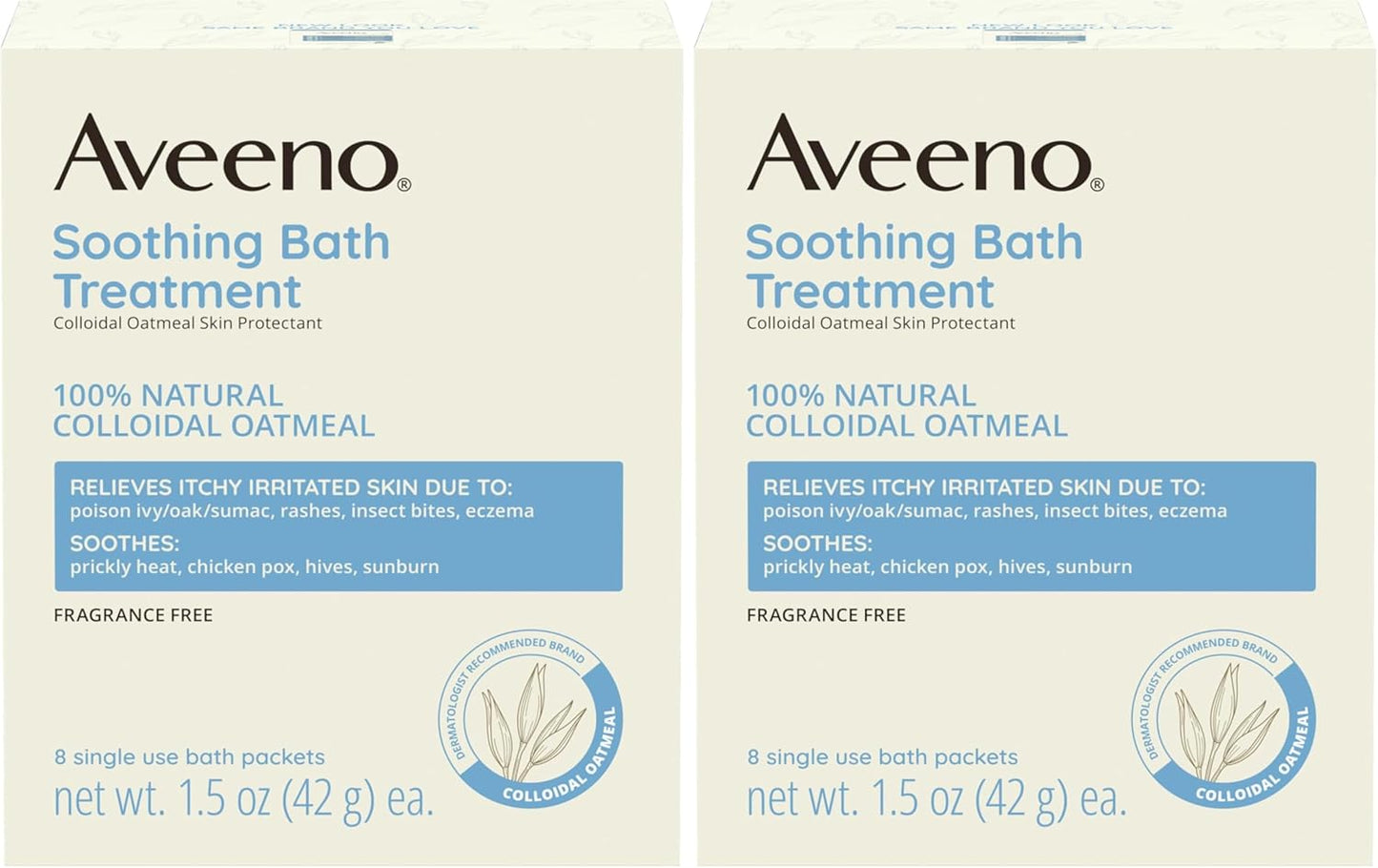 Aveeno Fragrance-Free Soothing Bath Treatment & Soak for Soothing Relief, 100% Natural Colloidal Oatmeal, Relieves Itchy, Irritated Skin Due to Eczema, 8 Single-Use Bath Packets (Pack of 2)
