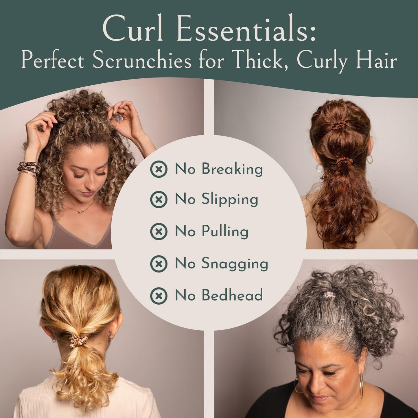 Authentic Mulberry Silk Skinny Scrunchies for Women, Anti Breakage Hair Ties for Curly Thick & Thin Hair, 100% Silk for Buns, Ponytail Holders & Sleeping, Onyx Black Color (4-Pack)