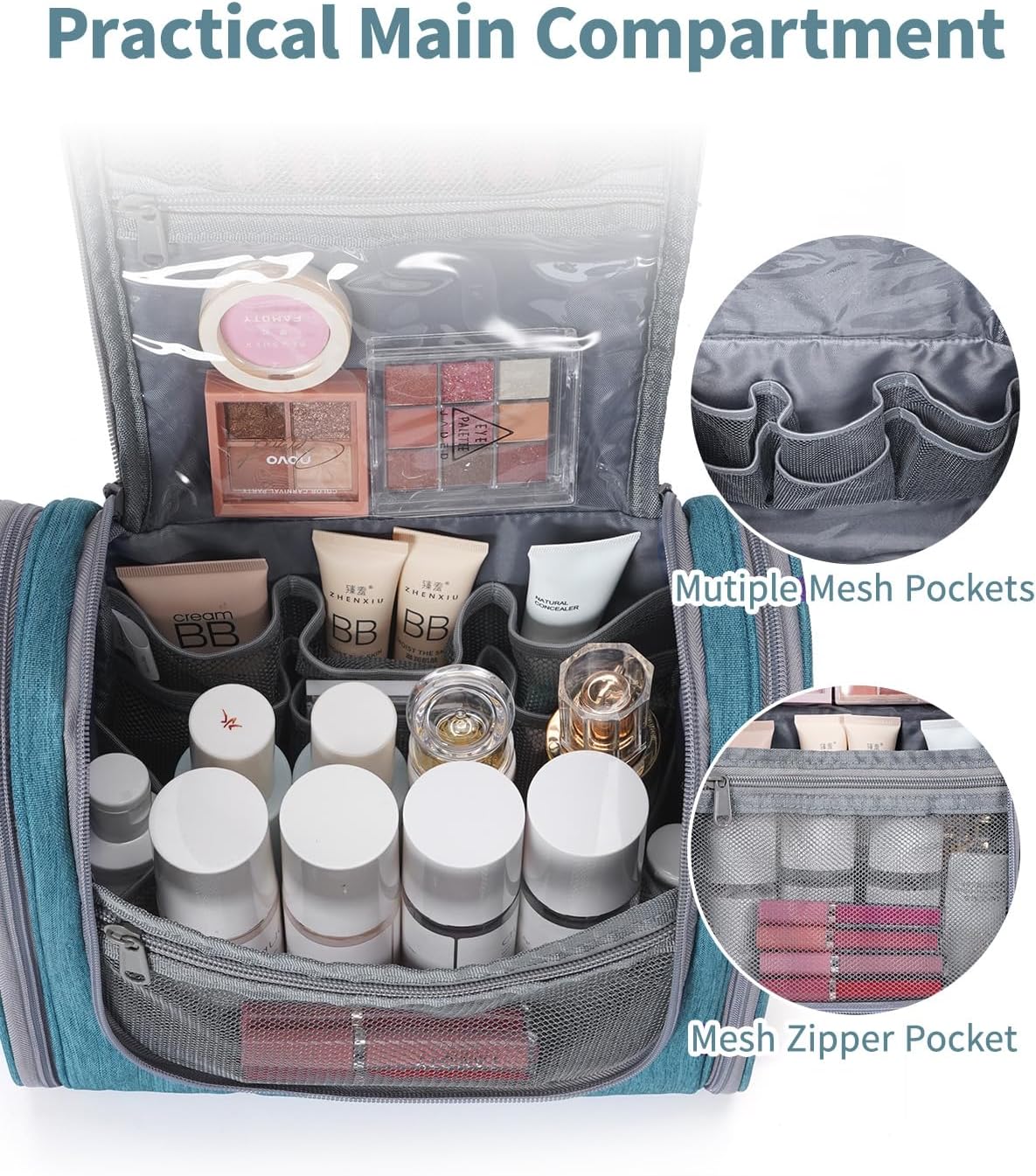 Narwey Hanging Toiletry Bag for Women Travel Makeup Bag Organizer Toiletries Bag Men for Cosmetics Essentials Accessories (Large, Teal)