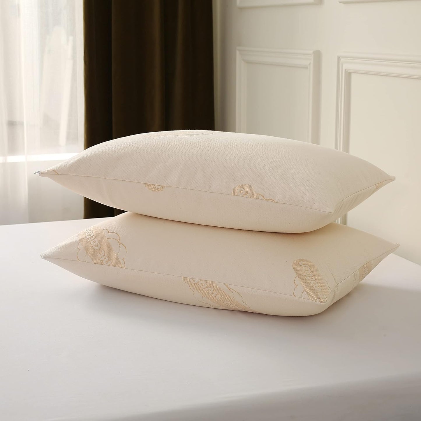 2-Pack Deluxe Organic Cotton Pillow Protectors Queen Size - Certified Organic, Waterproof, Zippered Encasement, Ultra-Soft Knit Fabric, Thick 280 GSM Cotton