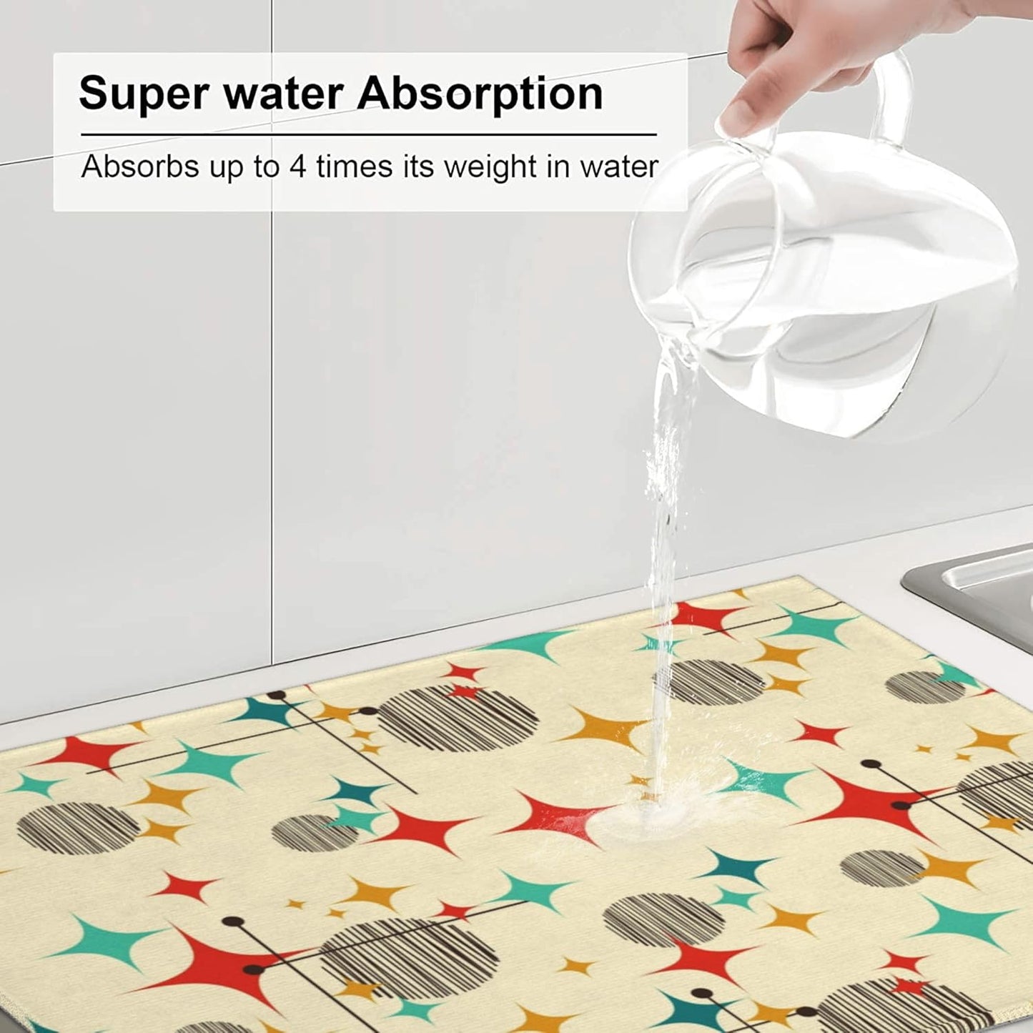 Mid Century Modern Atomic Retro Microfiber Dish Drying Mat for Kitchen Counter 18"x24" Yellow Dishes Pad Dish Drainer Rack Mats Absorbent Washable Reusable Kitchen Home Holiday Decor