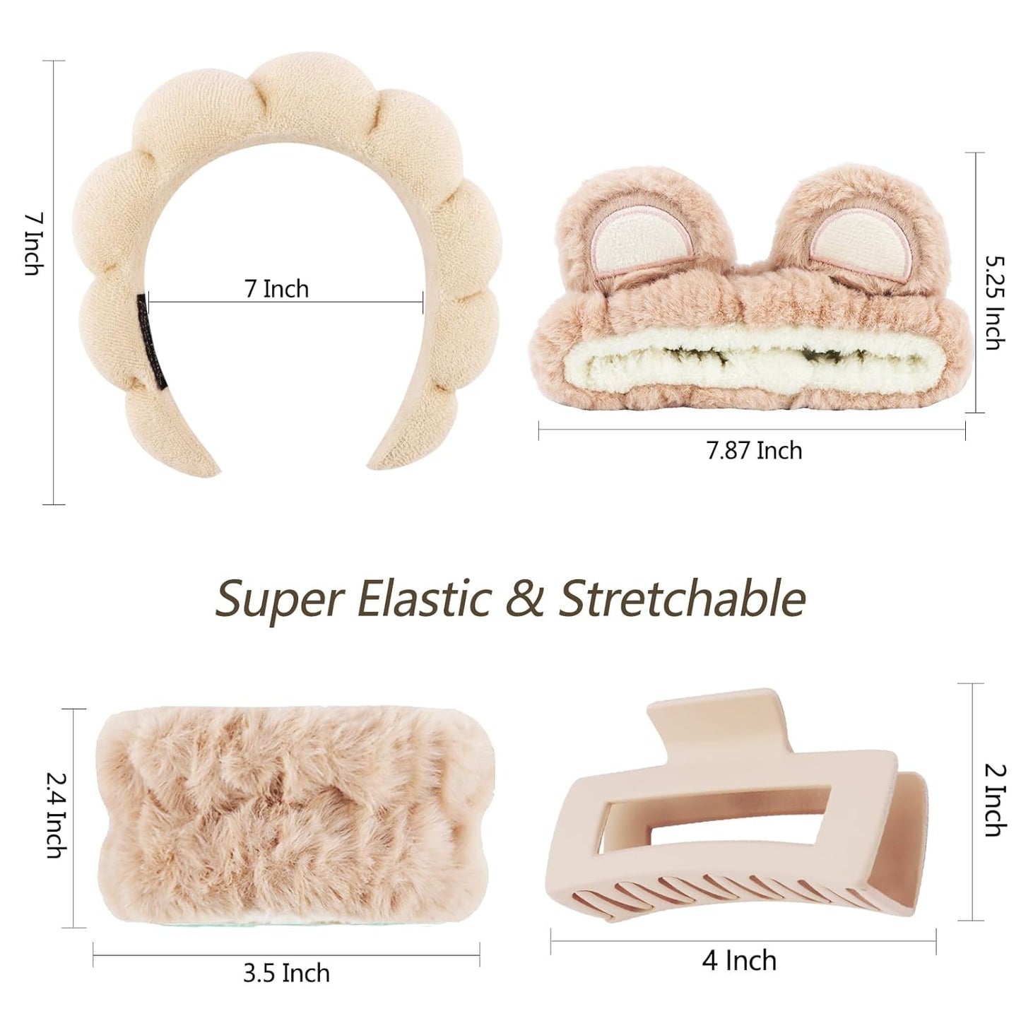 VELSCRUN Spa Headband, Makeup Face Wash Skincare Headbands, 5 Pcs Sponge Get Ready Bear Ears Hairband Facial Wristband Hair Clip Set, Stuff for Teen Girls Women Trendy Fashion Hair Accessories Brown