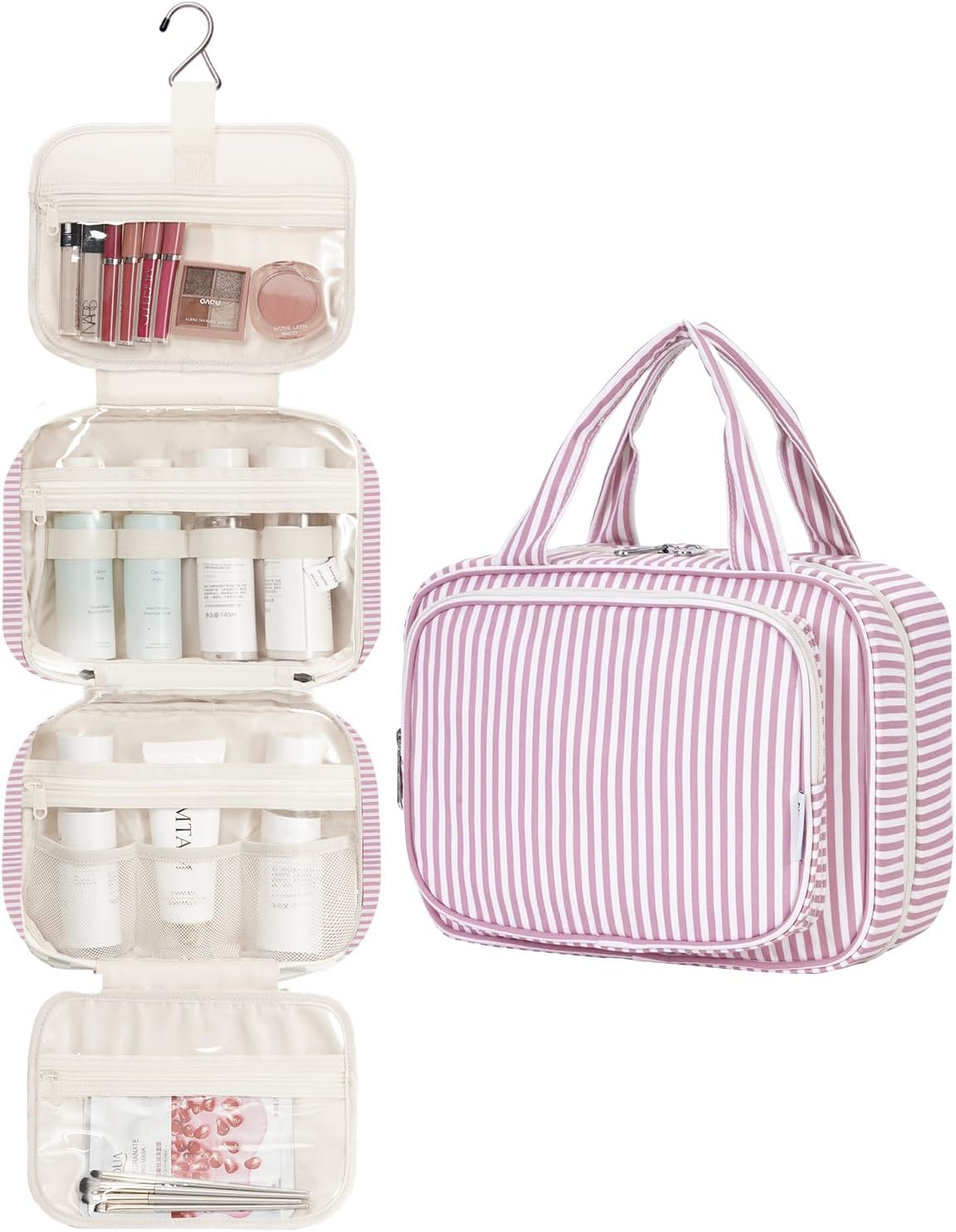 Narwey Striped Hanging Toiletry Bag for Women Travel Makeup Bag Organizer Toiletries Bag for Travel Size Essentials Accessories Cosmetics (Dusty Pink Stripe (Medium))