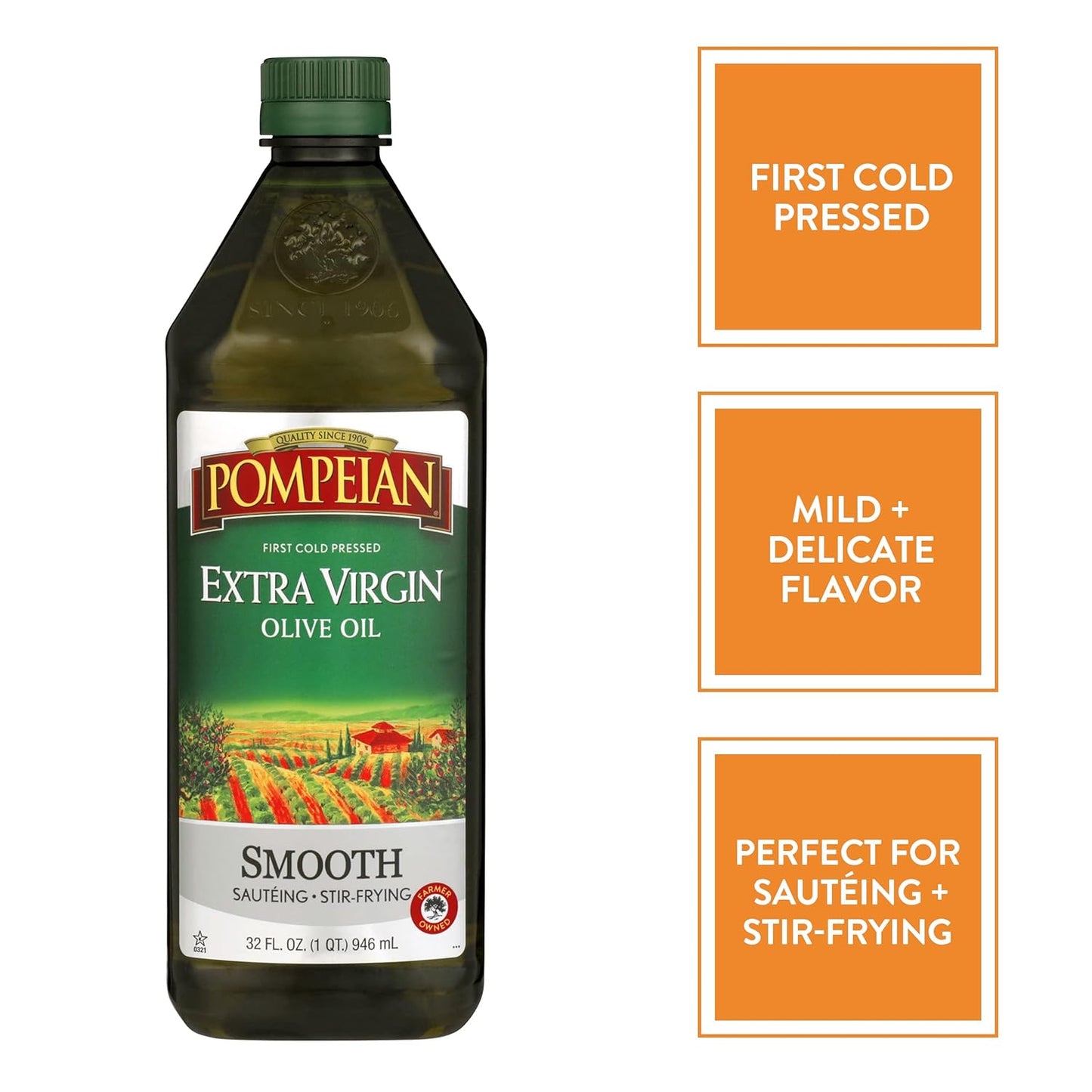 Pompeian Smooth Extra Virgin Olive Oil, Contains Polyphenols, First Cold Pressed, 32 Fl Oz