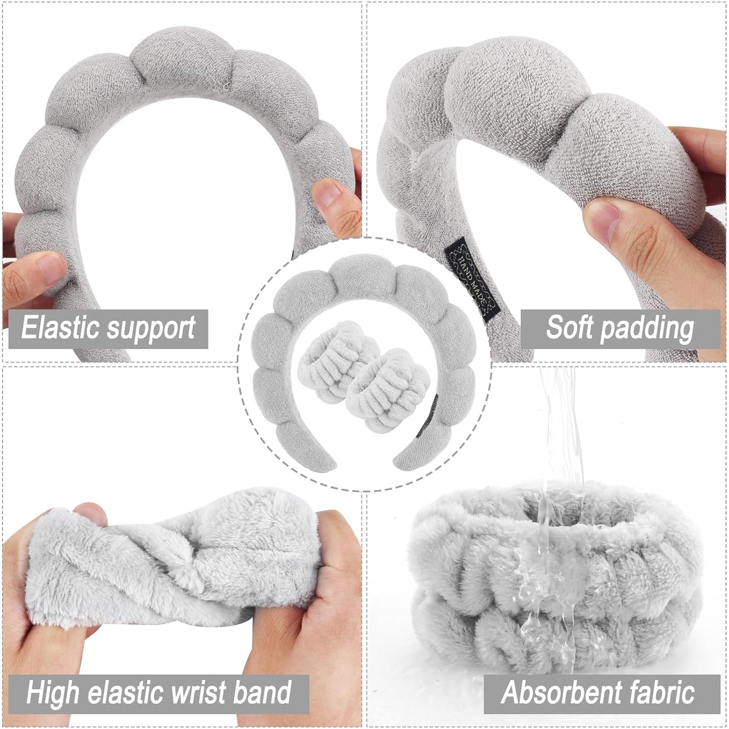 Zkptops Spa Headband for Washing Face Wristband Set Sponge Makeup Skincare Terry Cloth Bubble Soft Get Ready Hairband for Women Girl Puffy Padded Headwear Non Slip Thick Hair Accessory(Grey-2)