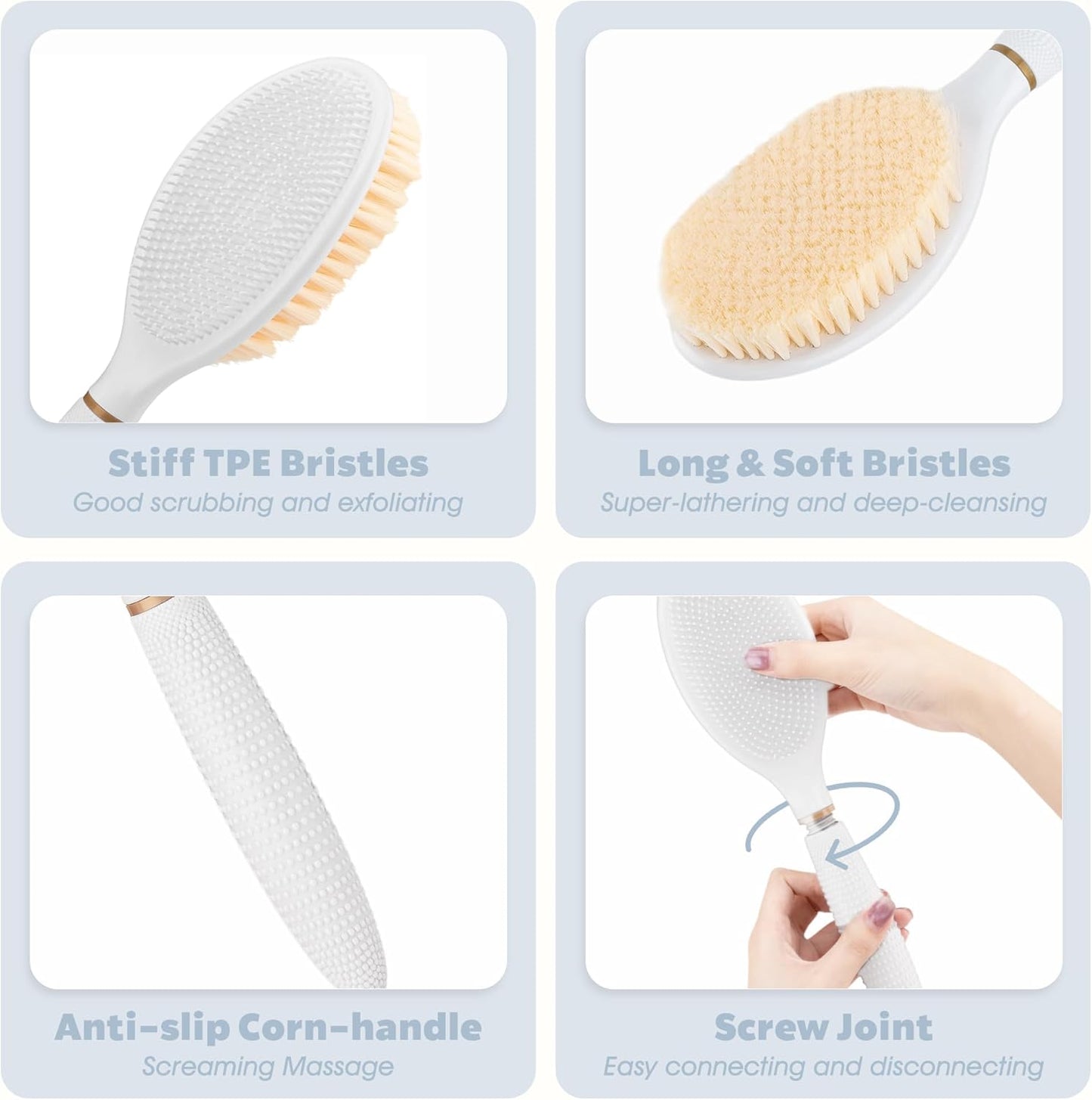 New Foot Brush & Back Scrubber Set 2PCS, 10.2''- 27.5'' Adjustable Foot Scrubber for Shower, 18.9'' Shower Back Scrubber with 3-Length Usage, Great Aid for People with Limited Mobility(White)